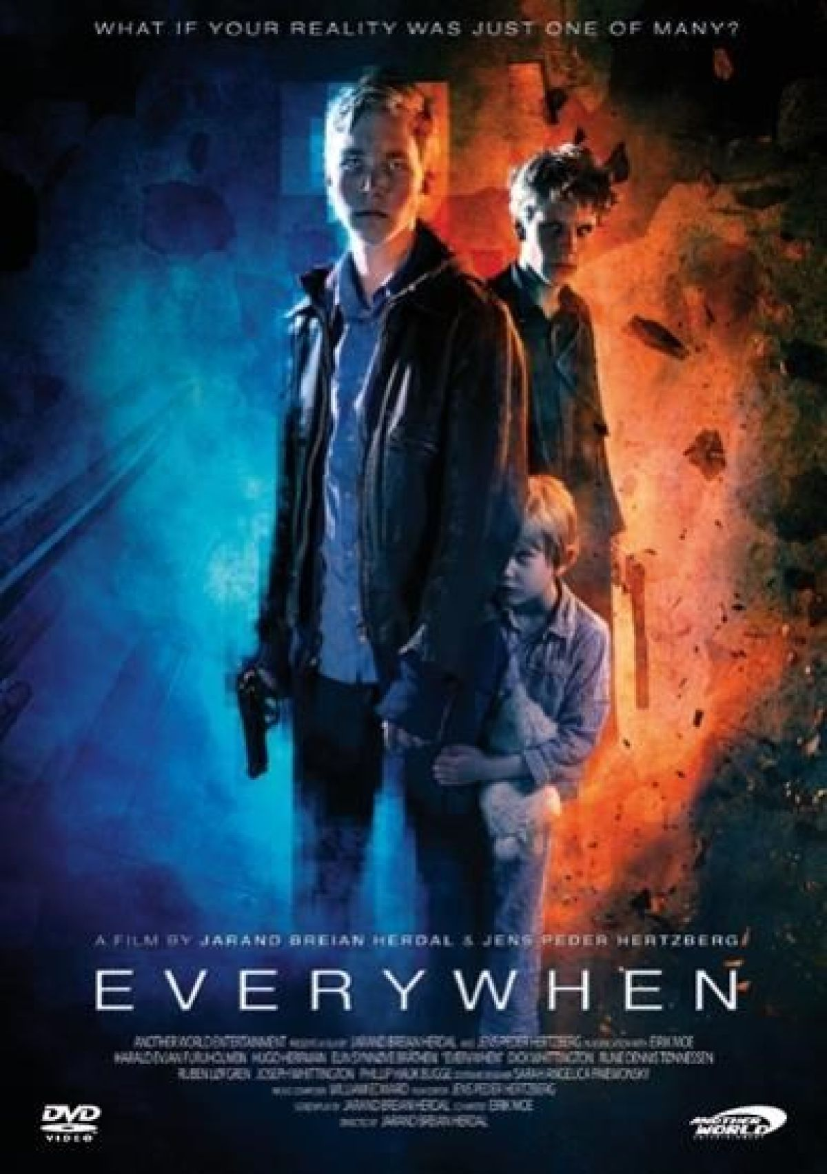 Affiche de film. Trois hommes et un enfant. Un homme tient une arme. Titre : Everywhen.