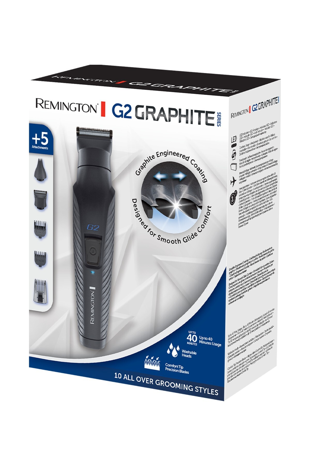 Pudełko zestawu do pielęgnacji Remington G2 Graphite. Zawiera trymer z nasadkami, funkcjami i szczegółami użytkowania.