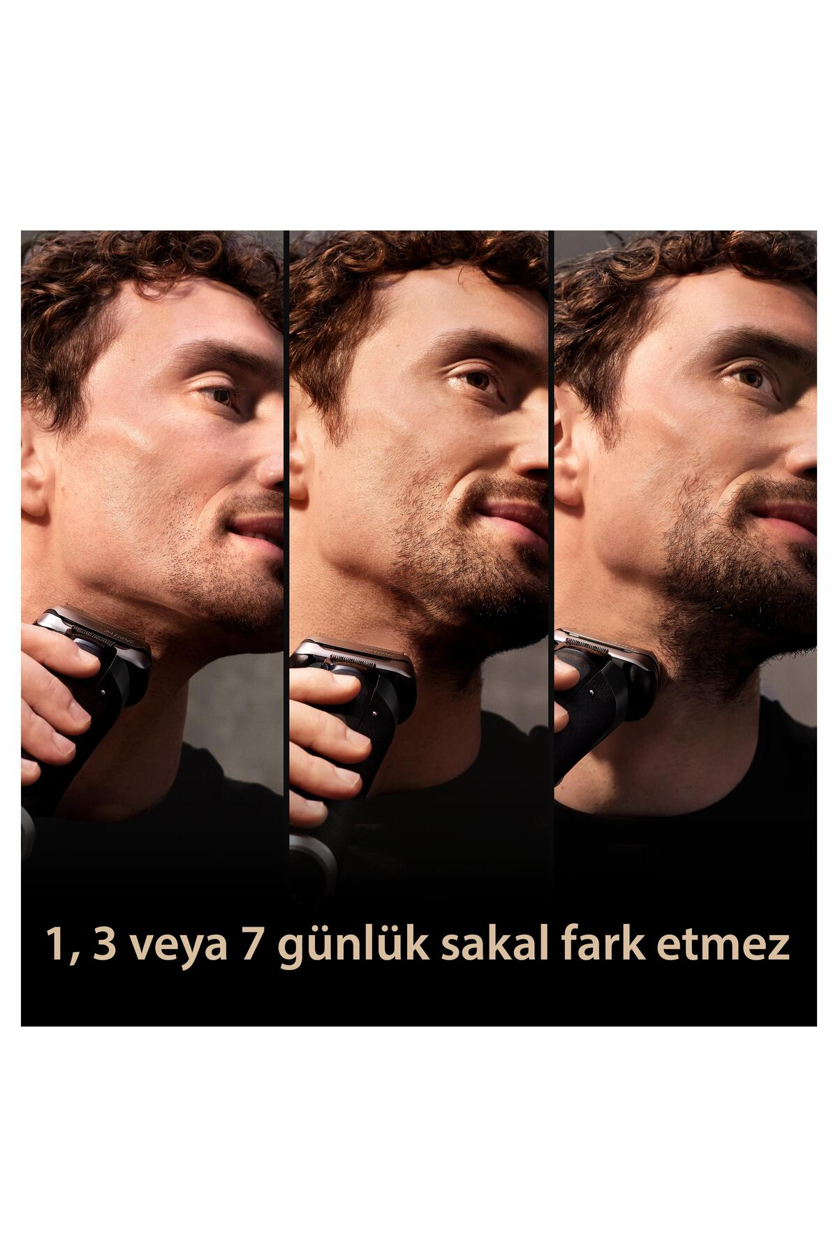 Bir adam elektrikli tıraş makinesiyle tıraş oluyor. Üç görüntü ilerlemeyi gösteriyor: temiz, kirli sakal ve tam sakal. Alttaki metin: '1, 3 veya 7 günlük sakal'.