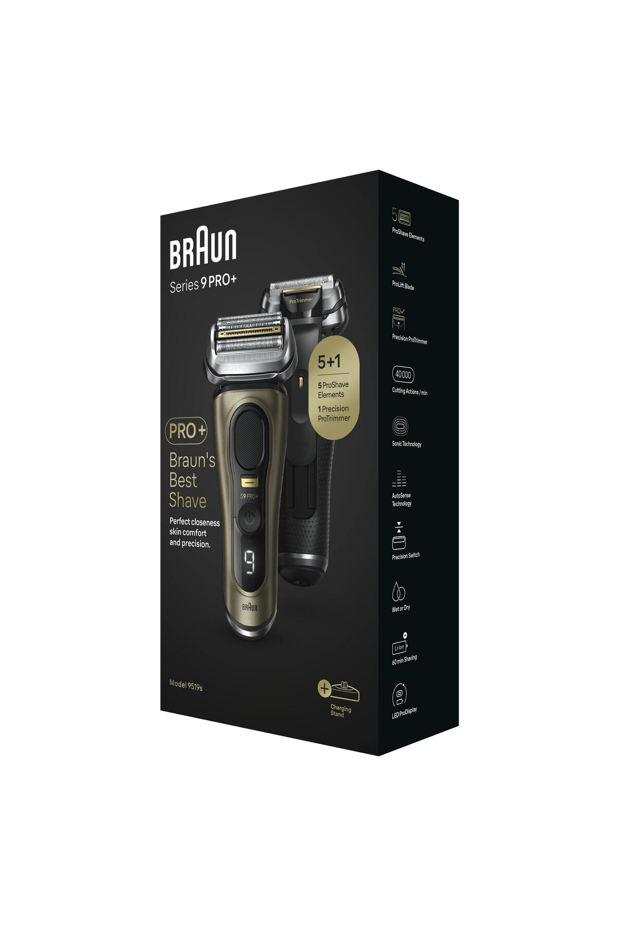 Braun Series 9 PRO+ elektrikli tıraş makinesi, özellikler ve teknik özellikler. Altın ve siyah tıraş makinesi, şarj standıyla.