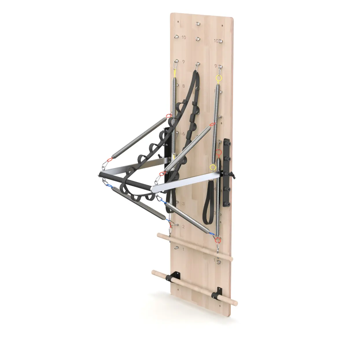 Pilates machine op een witte achtergrond. Het heeft een houten frame met veren, riemen en een glijdende wagen voor oefeningen.