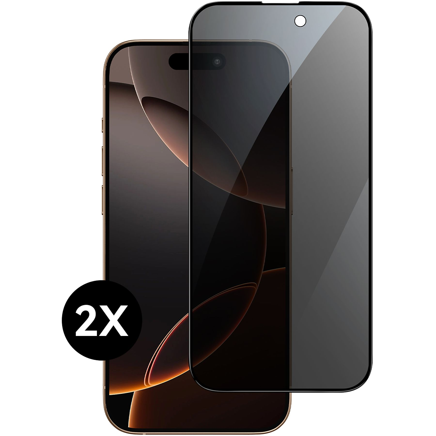 Zwei Smartphones mit Displayschutzfolie. Ein schwarzer Kreis mit '2X' im Vordergrund.