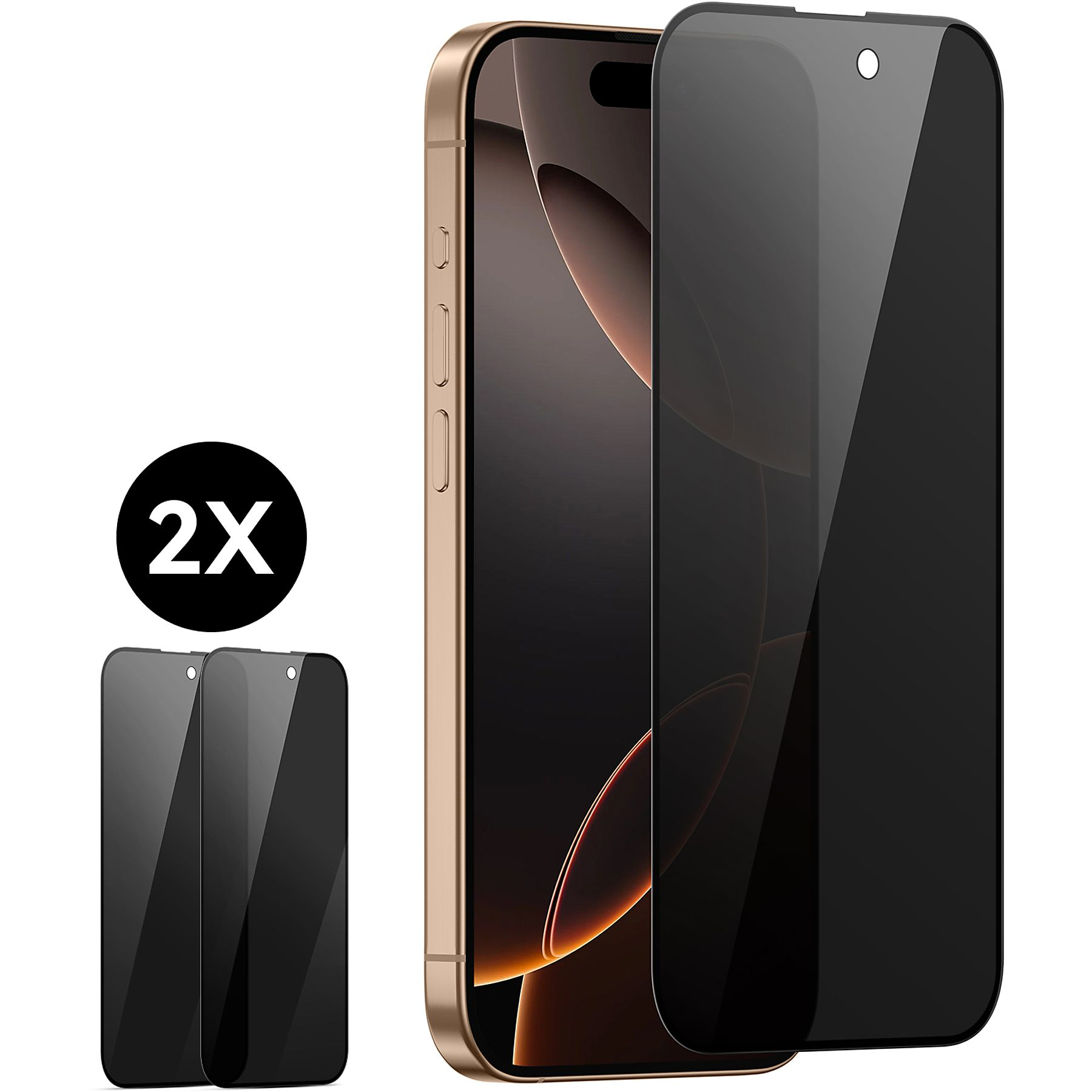 Ein goldenes iPhone wird mit aufgebrachter Displayschutzfolie gezeigt. Zwei zusätzliche Schutzfolien und ein 2X-Etikett sind ebenfalls abgebildet.