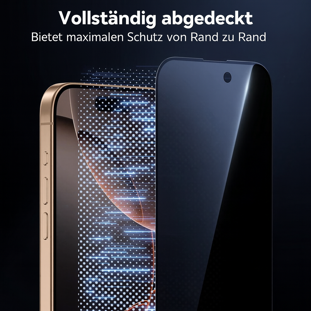 Ein goldenes Telefon, das teilweise von einem schwarzen Bildschirmschutz bedeckt ist. Der Text oben lautet: 'Vollständig abgedeckt' und 'Bietet maximalen Schutz von Rand zu Rand'.