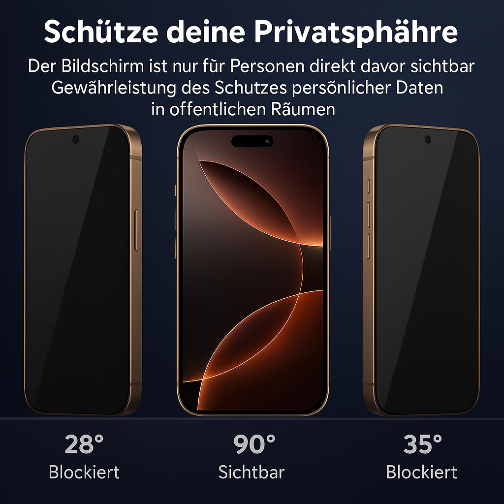 Drei Smartphones, mittlerer Bildschirm sichtbar, seitliche Bildschirme blockiert. Text: 'Schützen Sie Ihre Privatsphäre'.