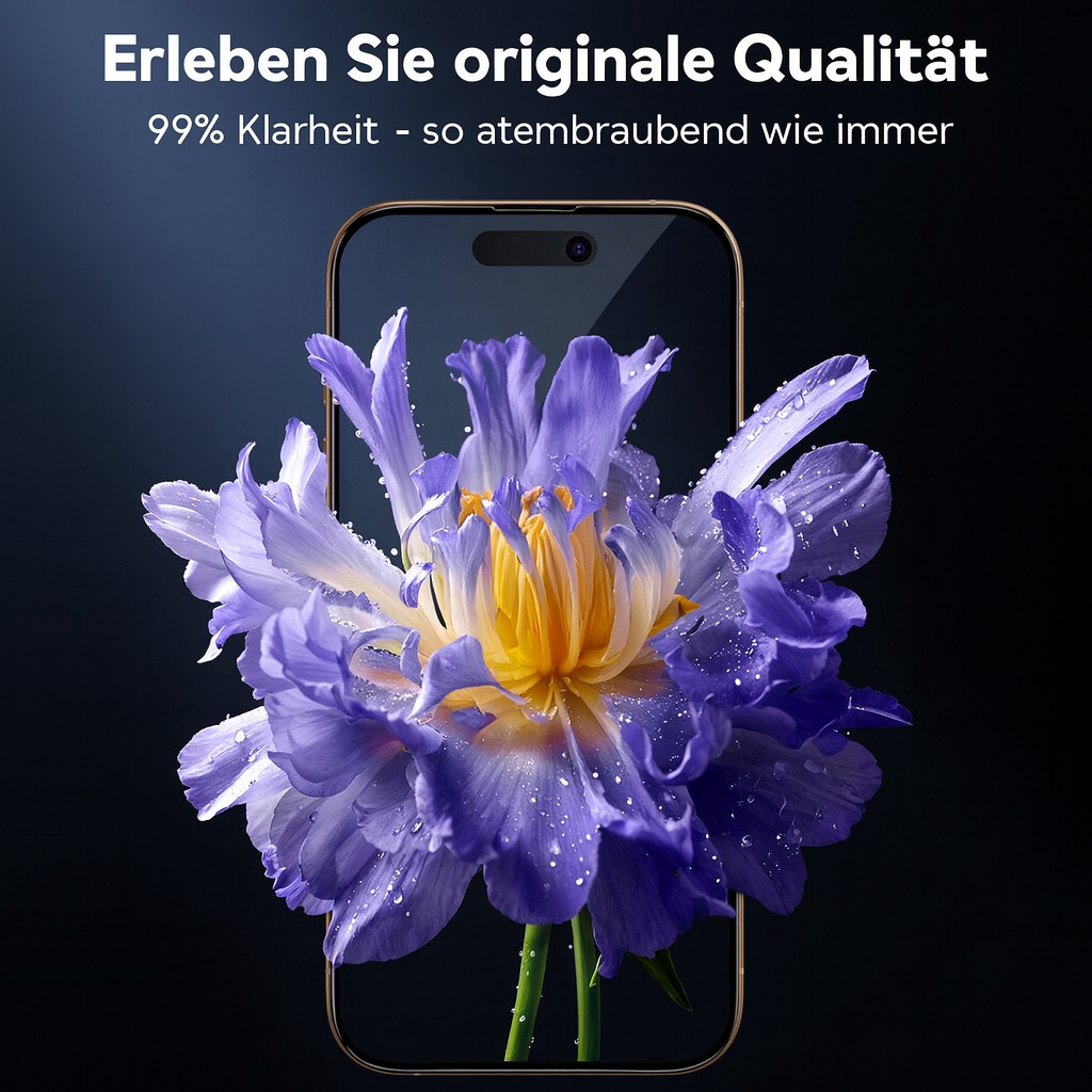 Ein Smartphone-Rahmen zeigt eine leuchtende lila und gelbe Blume mit Wassertropfen vor einem dunkelblauen Hintergrund.