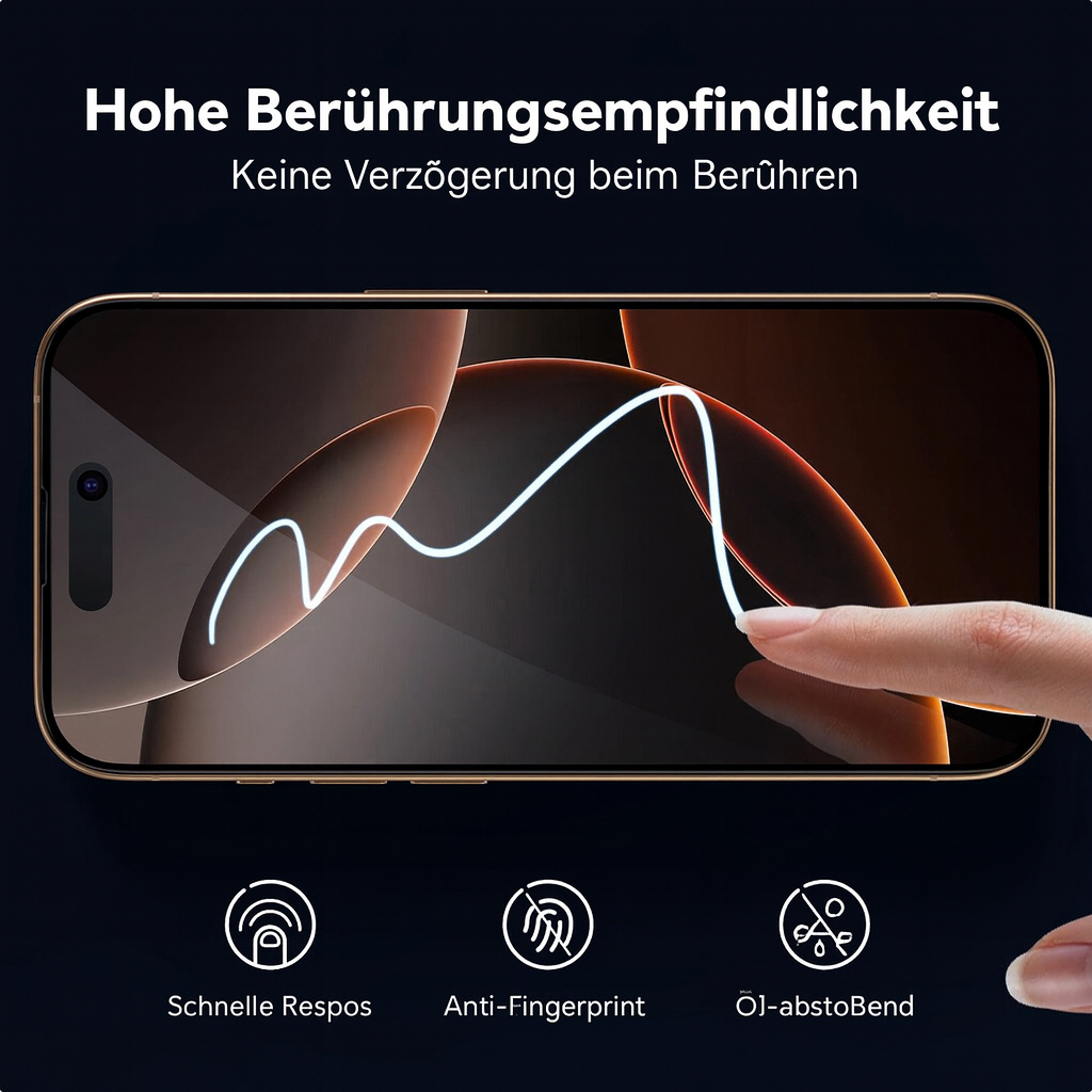 Eine Hand berührt einen Telefonbildschirm. Text oben: Hohe Berührungsempfindlichkeit. Symbole unten: schnelle Reaktion, Anti-Fingerabdruck, ölbeständig.