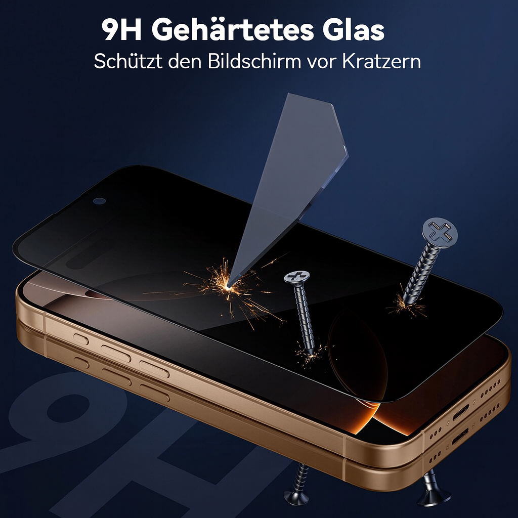 Telefon mit Displayschutz. Schrauben durchdringen den Bildschirm. Funken fliegen. Goldener Telefonkörper. Blauer Hintergrund. Deutscher Text oben.