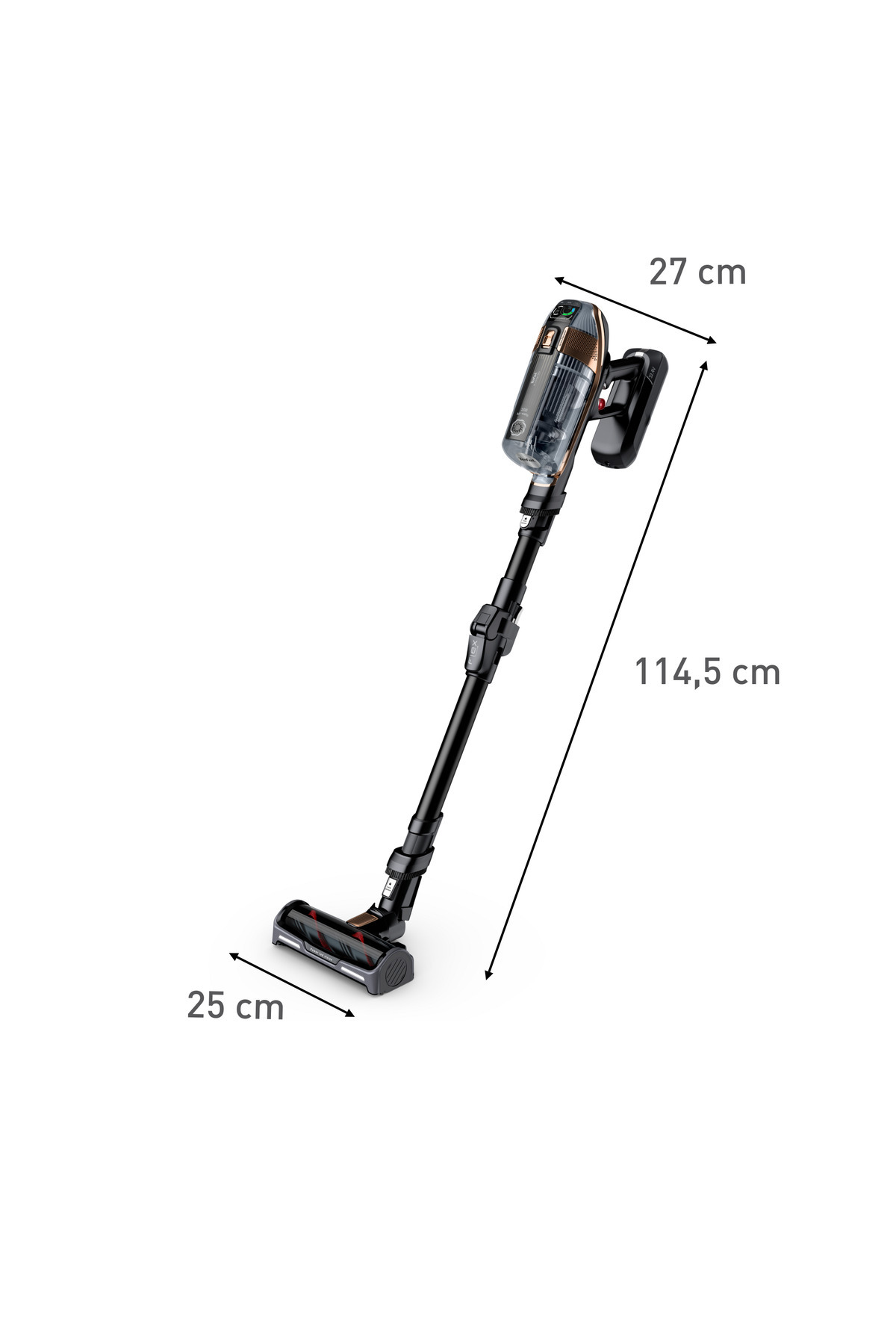 Dikey bir elektrikli süpürge. Şeffaf toz haznesiyle siyah gövde. Boyutlar belirtilmiştir: 27cm, 25cm ve 114,5cm.