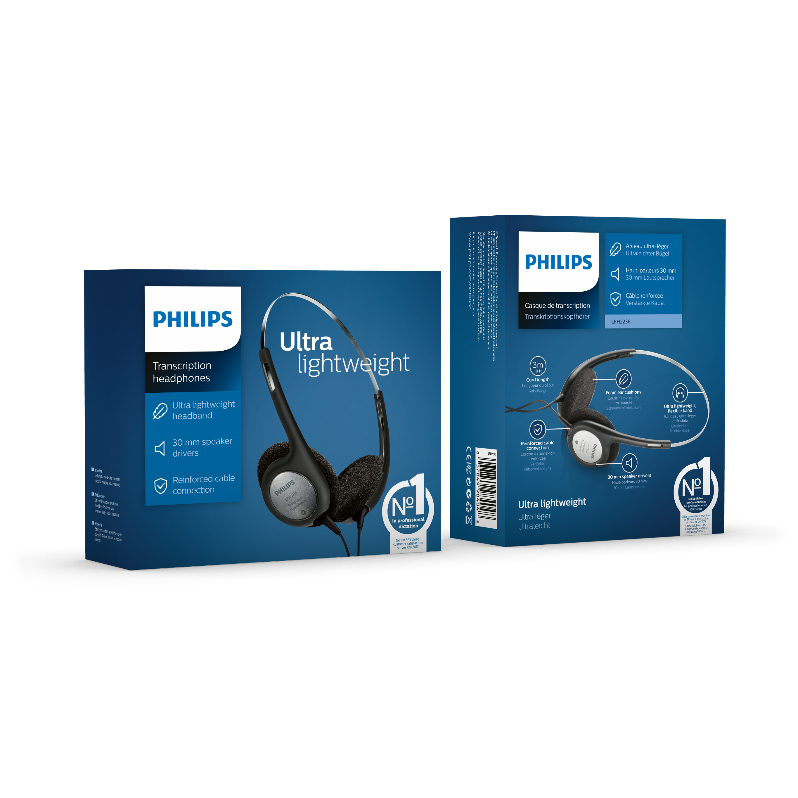 Dos cajas de auriculares de transcripción Philips. Una caja muestra los auriculares y la otra detalles.