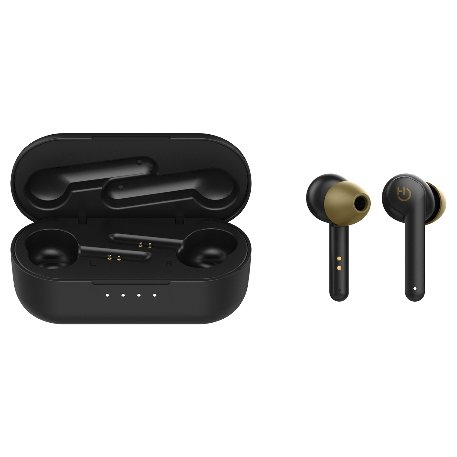Auricolari wireless neri con custodia di ricarica. Un paio fuori, l'altro nella custodia. La custodia è aperta, gli auricolari hanno dettagli dorati.