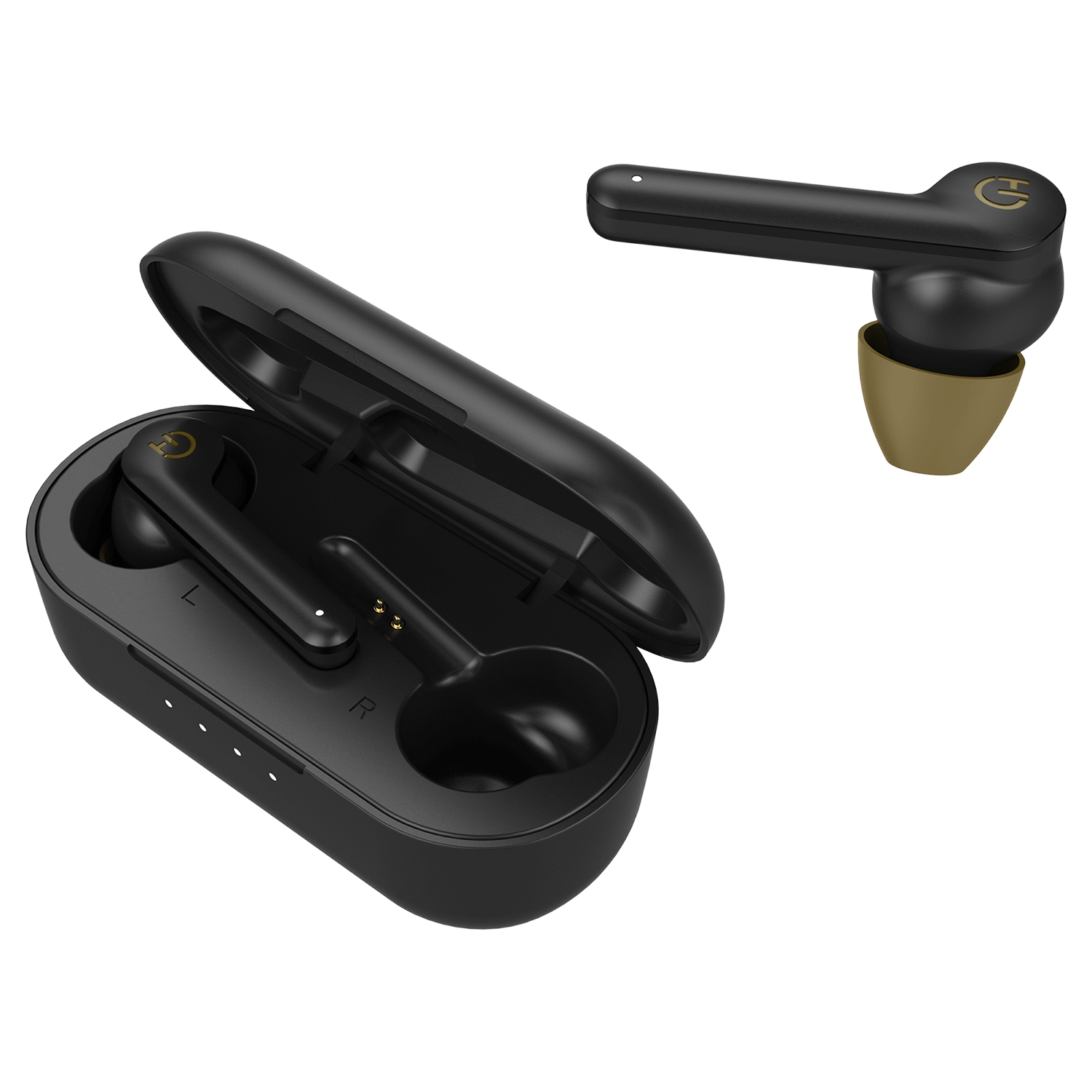 Auricolari wireless neri con custodia di ricarica. Un auricolare è separato. La custodia è aperta. Gli auricolari hanno dettagli dorati.