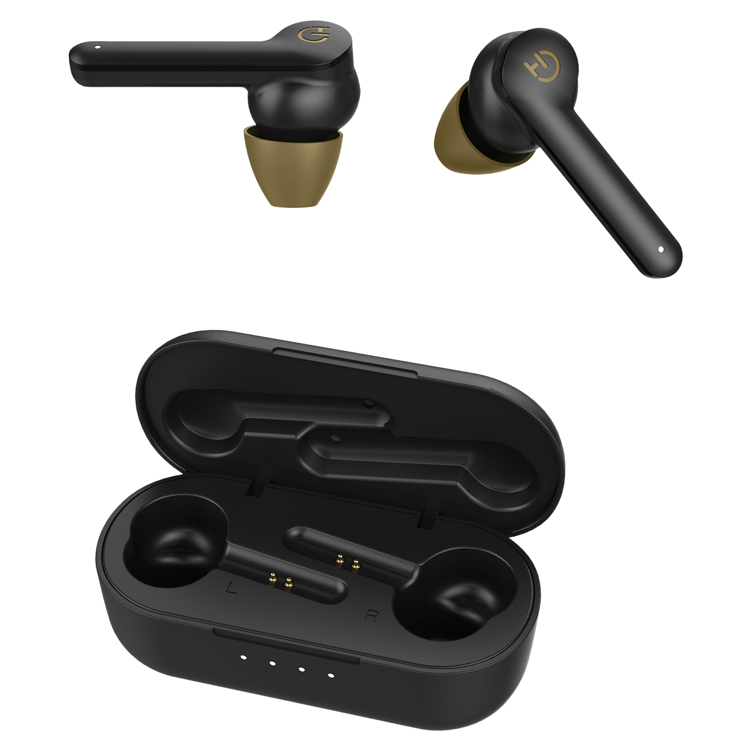 Auricolari wireless neri con custodia di ricarica. Gli auricolari hanno dettagli dorati e gommini verde oliva. La custodia è aperta, mostrando gli auricolari.