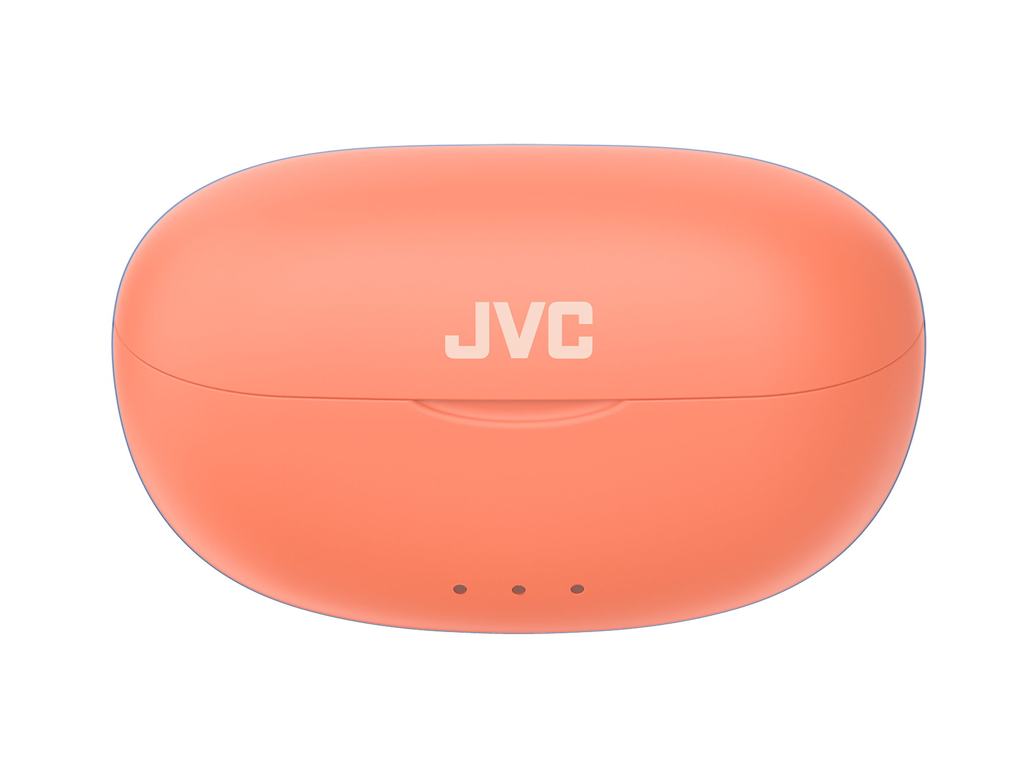 Estuche de auriculares JVC color coral. El estuche es ovalado, con el nombre de la marca en la parte superior. Tres pequeños puntos en la parte inferior.