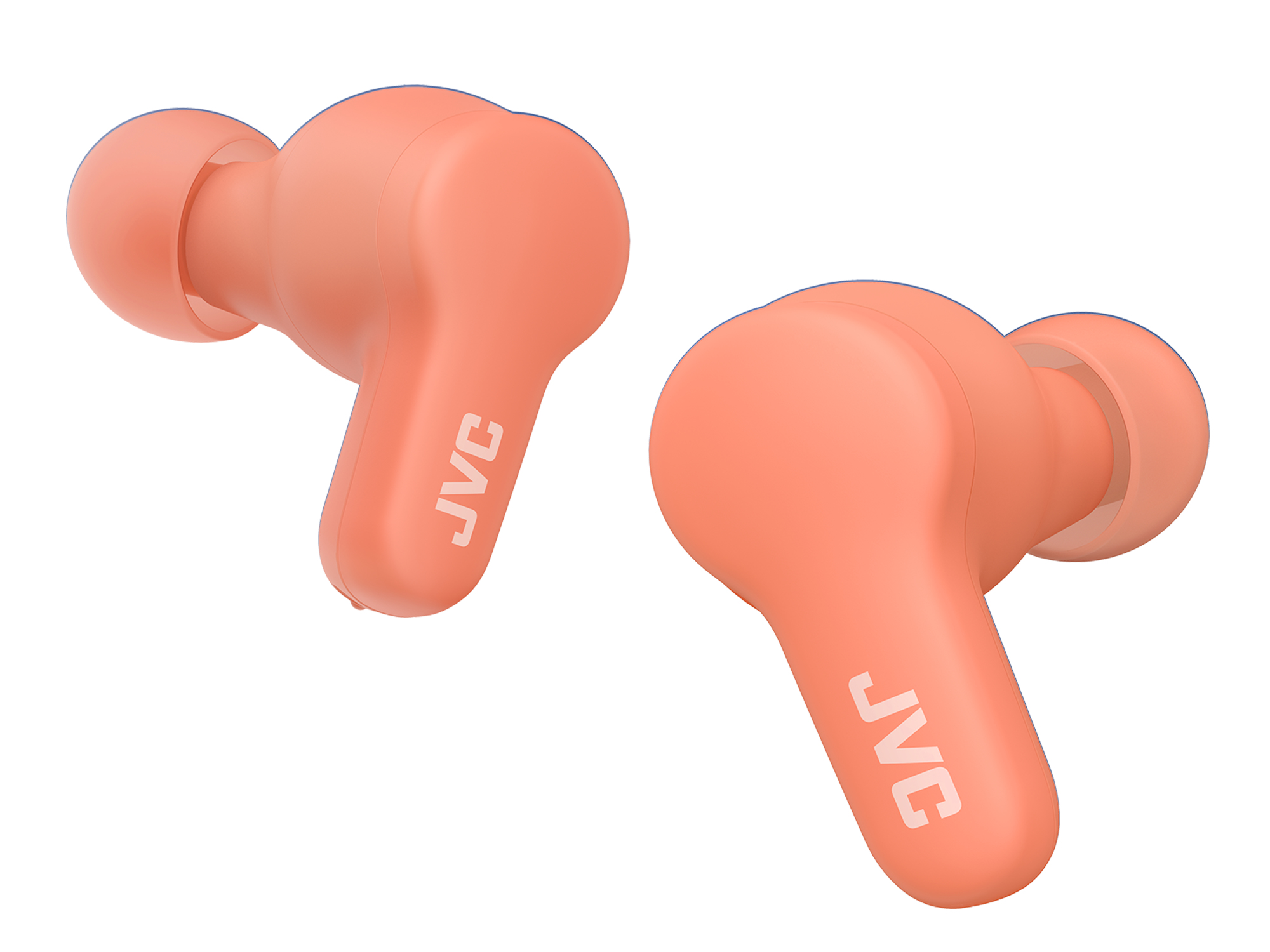 Dos auriculares JVC de color coral sobre un fondo blanco. Cada uno tiene el logotipo de JVC. Los auriculares están angulados entre sí.