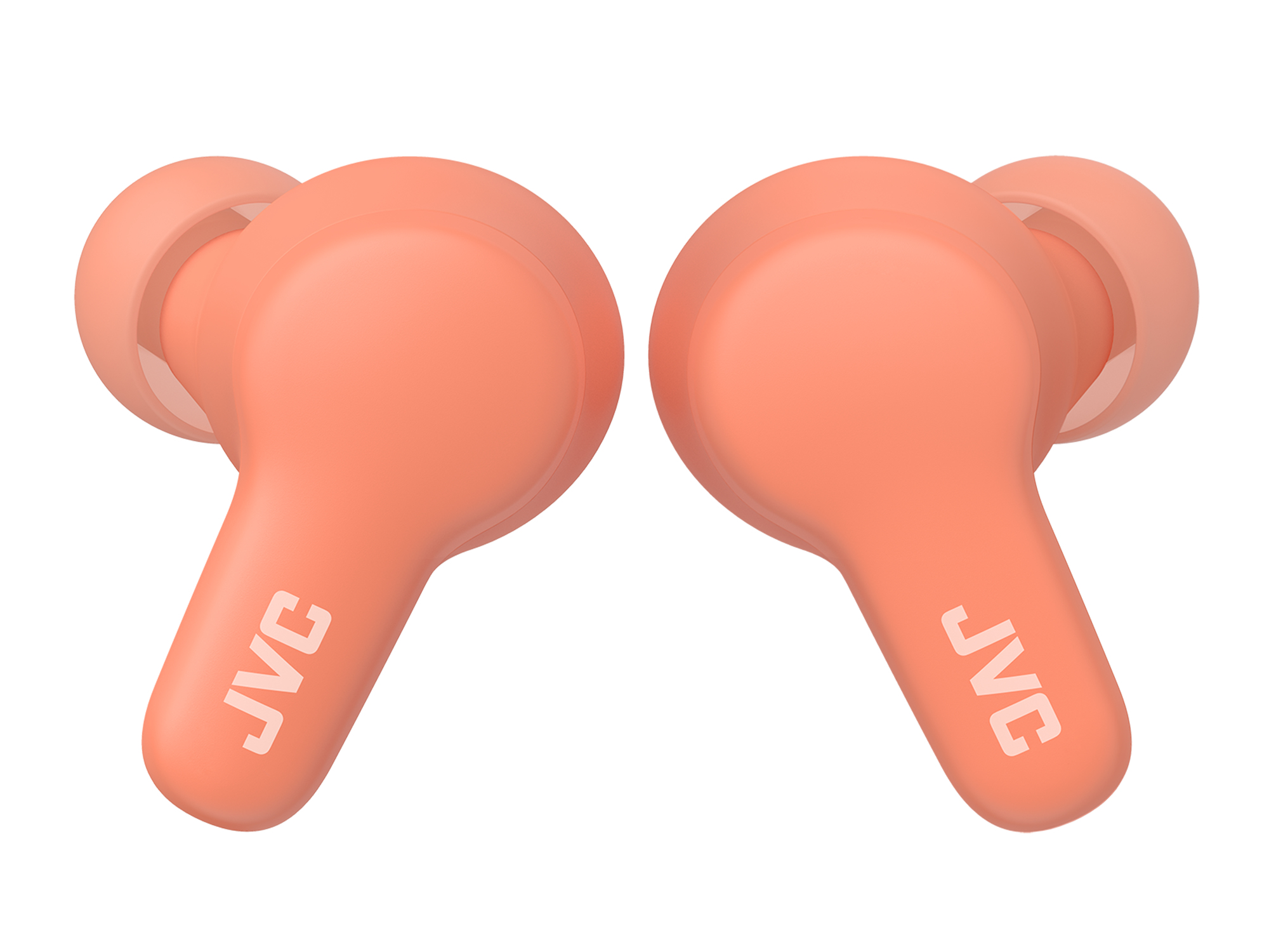 Dos auriculares JVC de color coral. Cada auricular tiene un cuerpo redondeado y un tallo con el logotipo JVC en blanco. Fondo blanco.