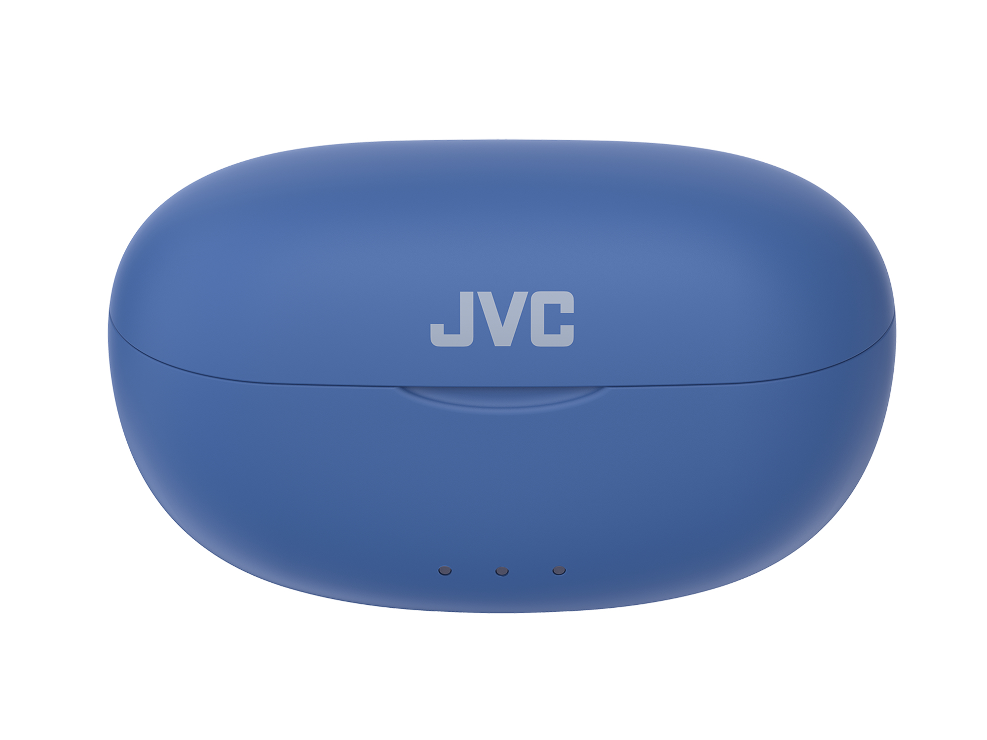 Un astuccio di ricarica blu per auricolari JVC è centrato, con il marchio in argento. Tre piccole luci in basso.
