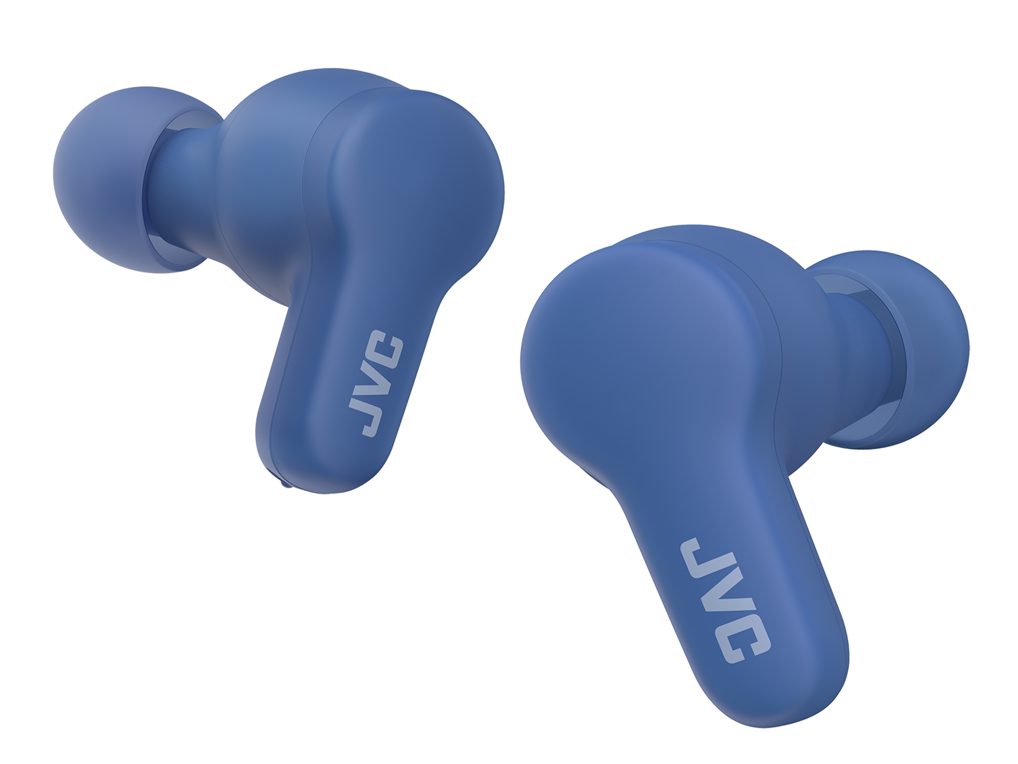 Due auricolari JVC blu su sfondo bianco. Ogni auricolare ha il logo JVC e un design arrotondato.