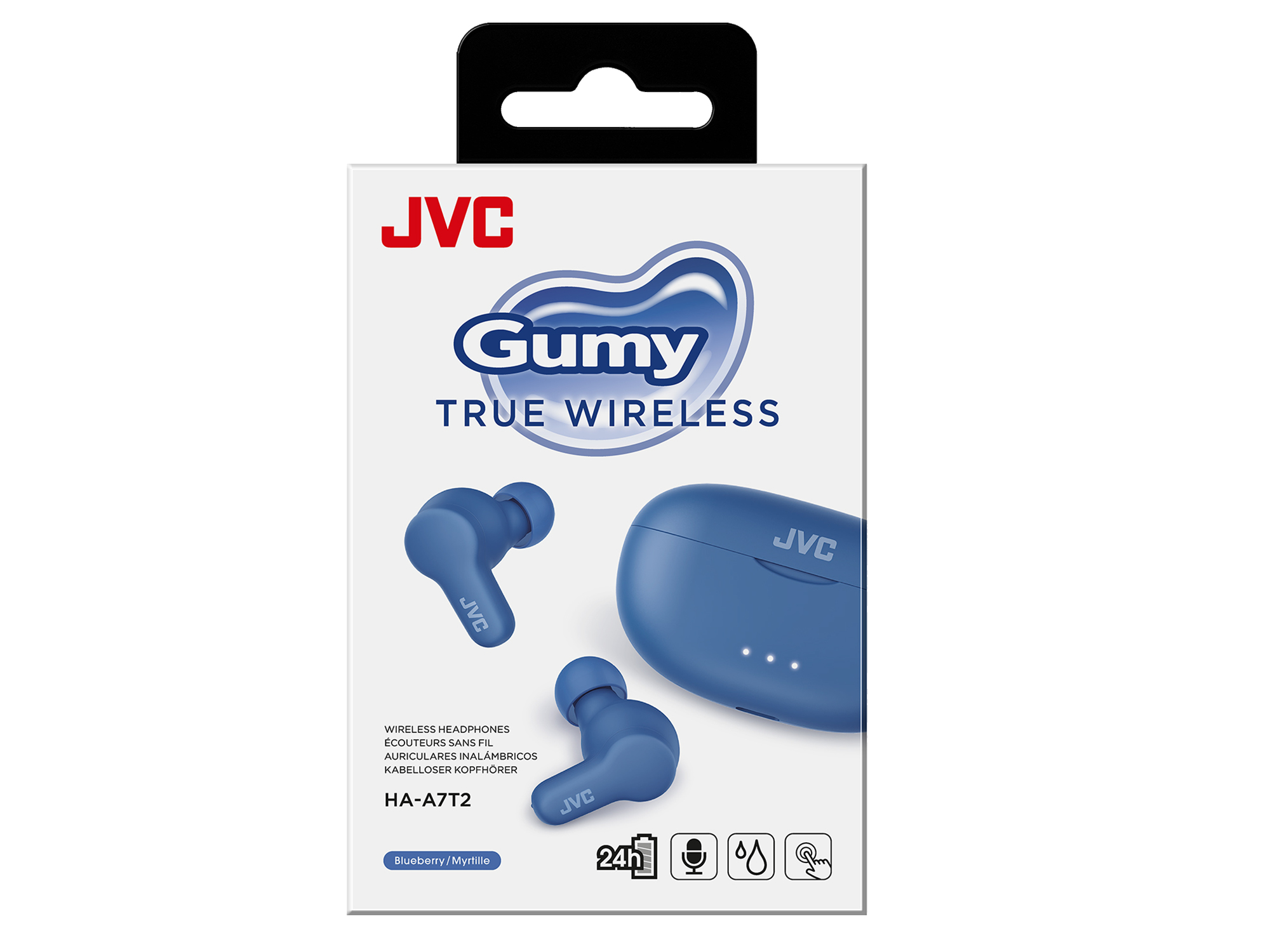 Una scatola di auricolari JVC Gumy True Wireless. La scatola è bianca, con un design blu e gli auricolari sono blu.