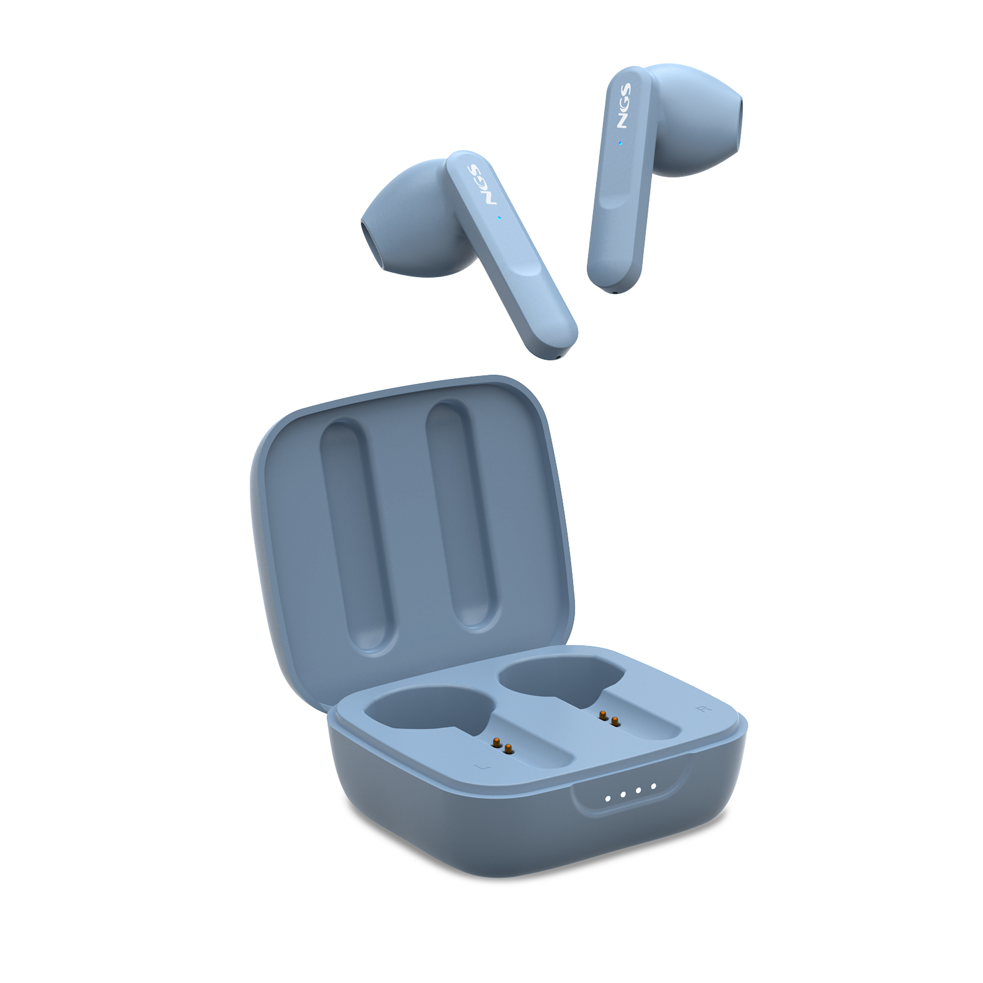 Auriculares inalámbricos azul claro con estuche de carga. Los auriculares están encima del estuche. El estuche está abierto, mostrando ranuras de carga.