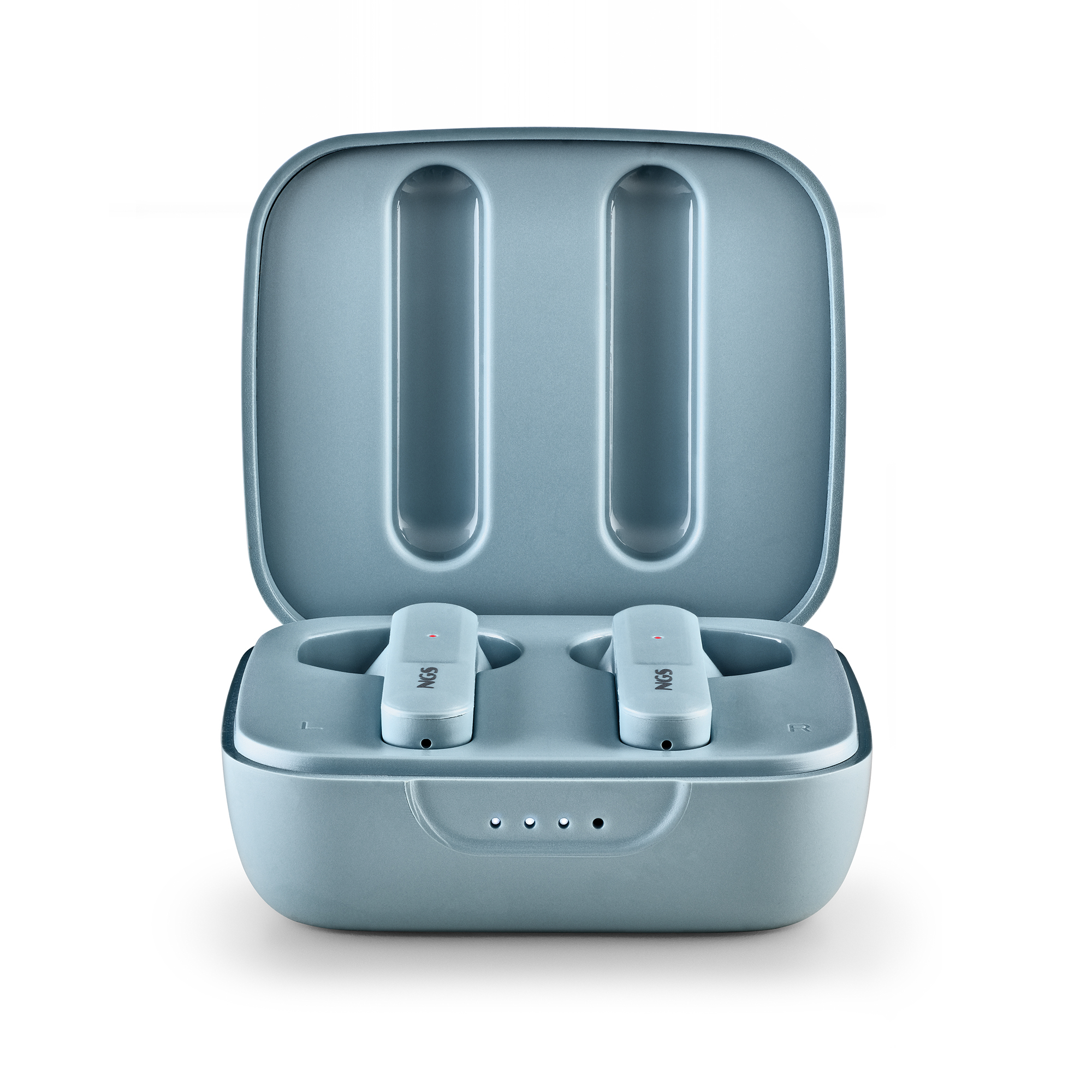 Estuche de auriculares azul grisáceo abierto con dos auriculares dentro. Estuche abierto sobre fondo blanco.