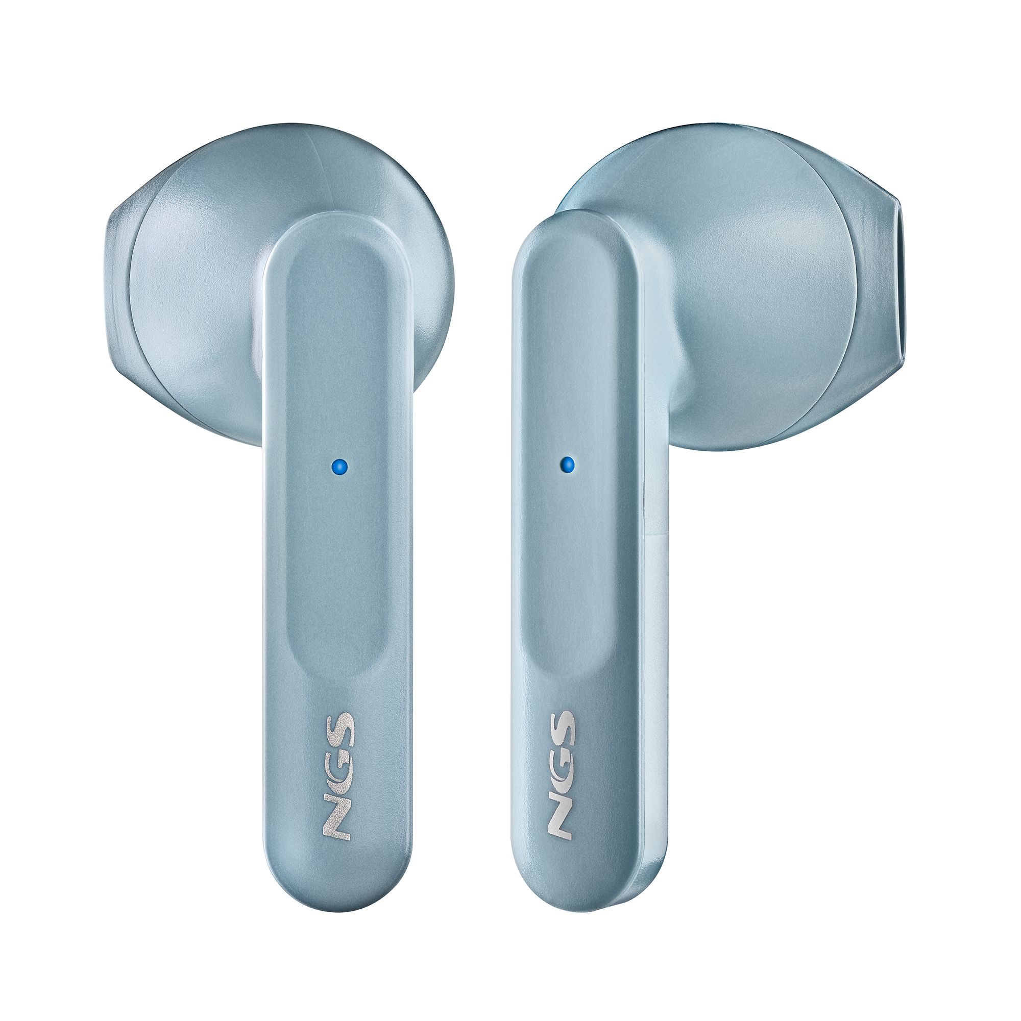 Dos auriculares NGS azul claro sobre fondo blanco. Cada auricular tiene una luz azul y el logotipo NGS.