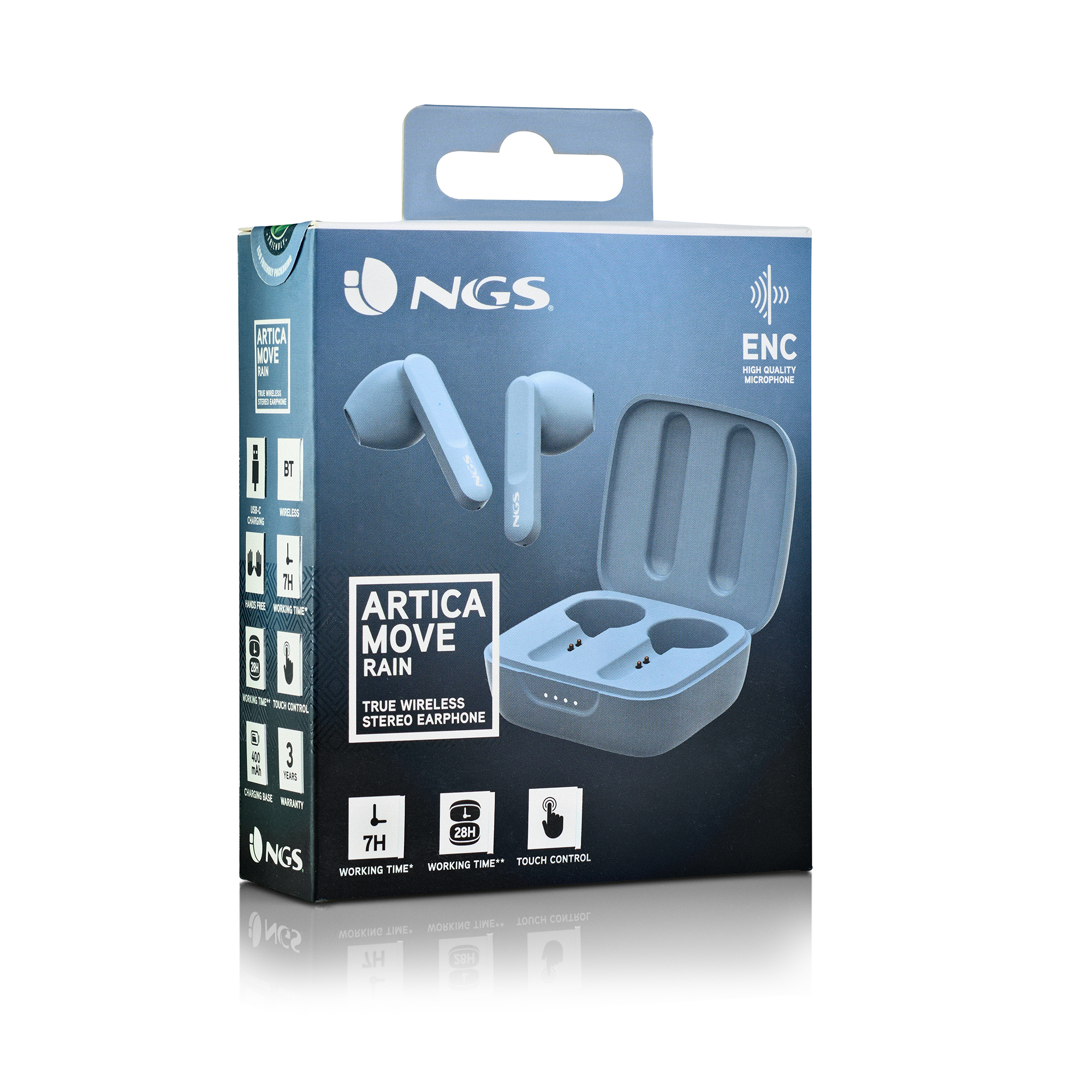 Caja de auriculares NGS Artica Move Rain. Incluye auriculares, estuche de carga y funciones como control táctil y 7H de tiempo de trabajo.
