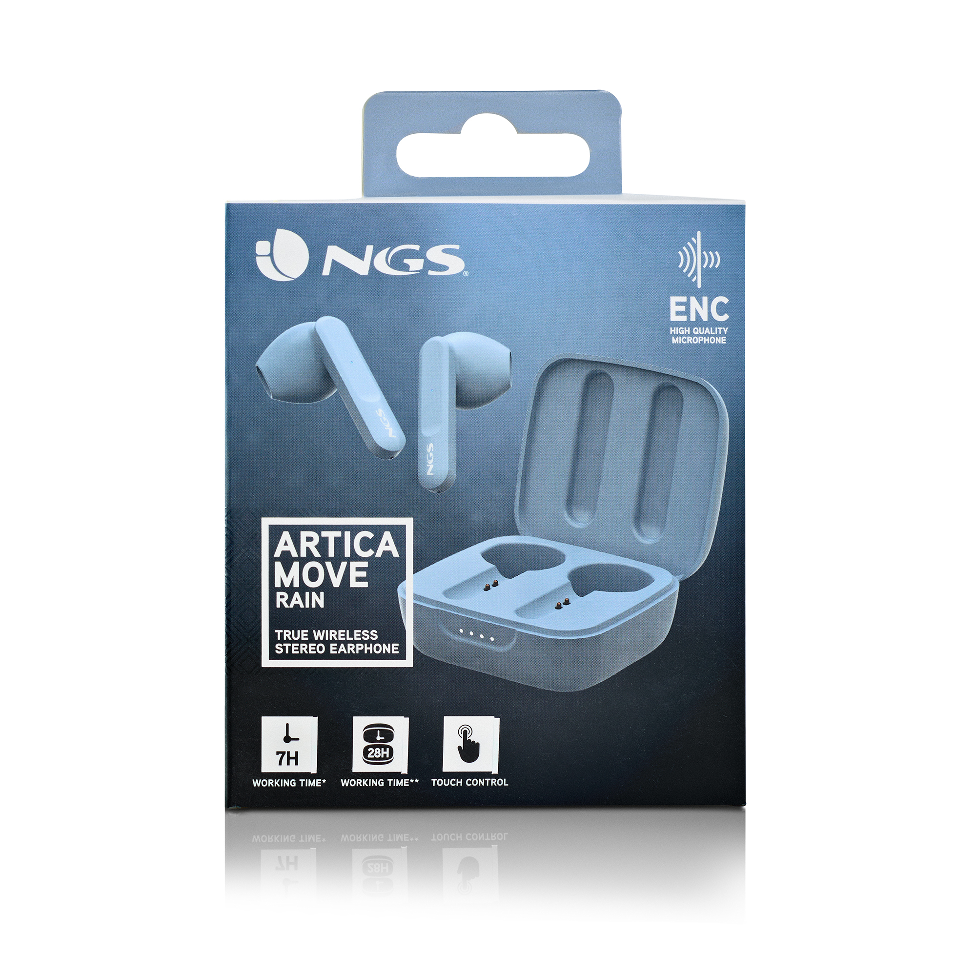 Caja con auriculares. La caja es azul claro con la marca NGS. Indica ARTICA MOVE RAIN. Se muestran los auriculares.