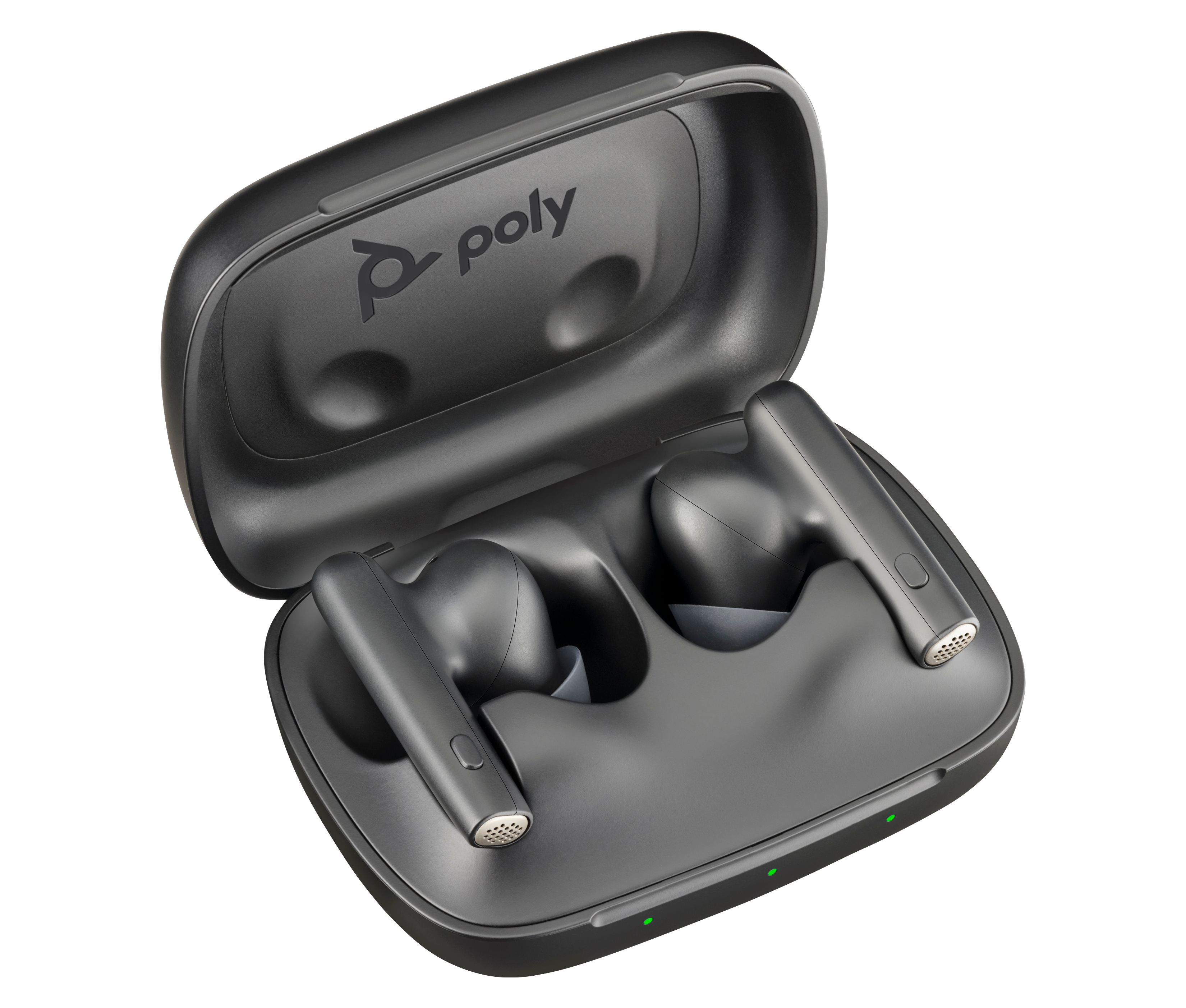 Auricolari neri in una custodia di ricarica aperta. La custodia ha il logo "poly". Gli indicatori mostrano il livello della batteria.