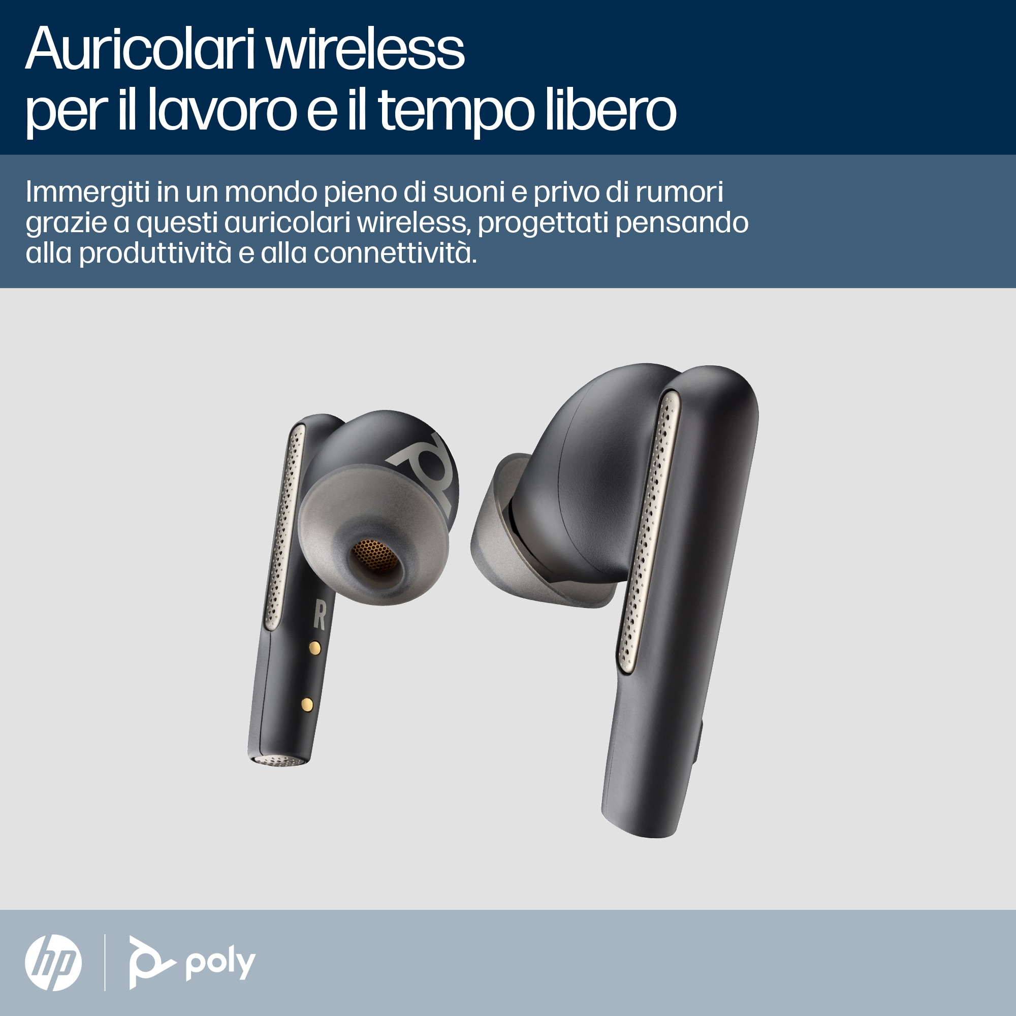 Due auricolari wireless neri. Il testo sopra dice 'auricolari wireless per lavoro e tempo libero'. Loghi HP e Poly in basso.
