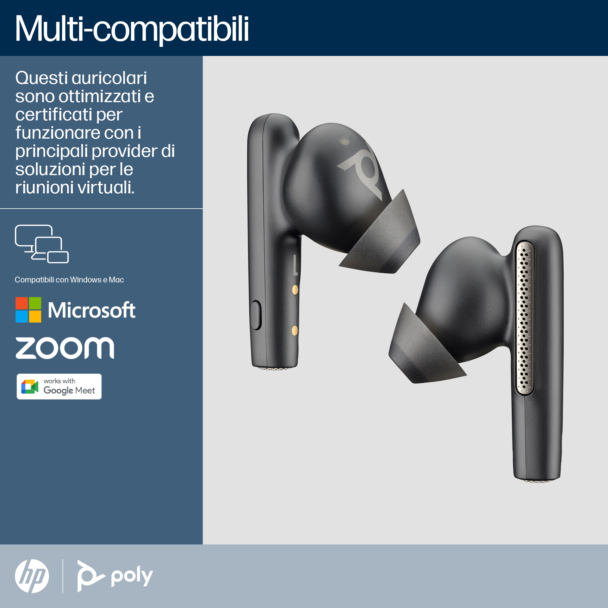 Auricolari neri con auricolari, angolati, su sfondo chiaro. Loghi Microsoft, Zoom e Google Meet visibili.