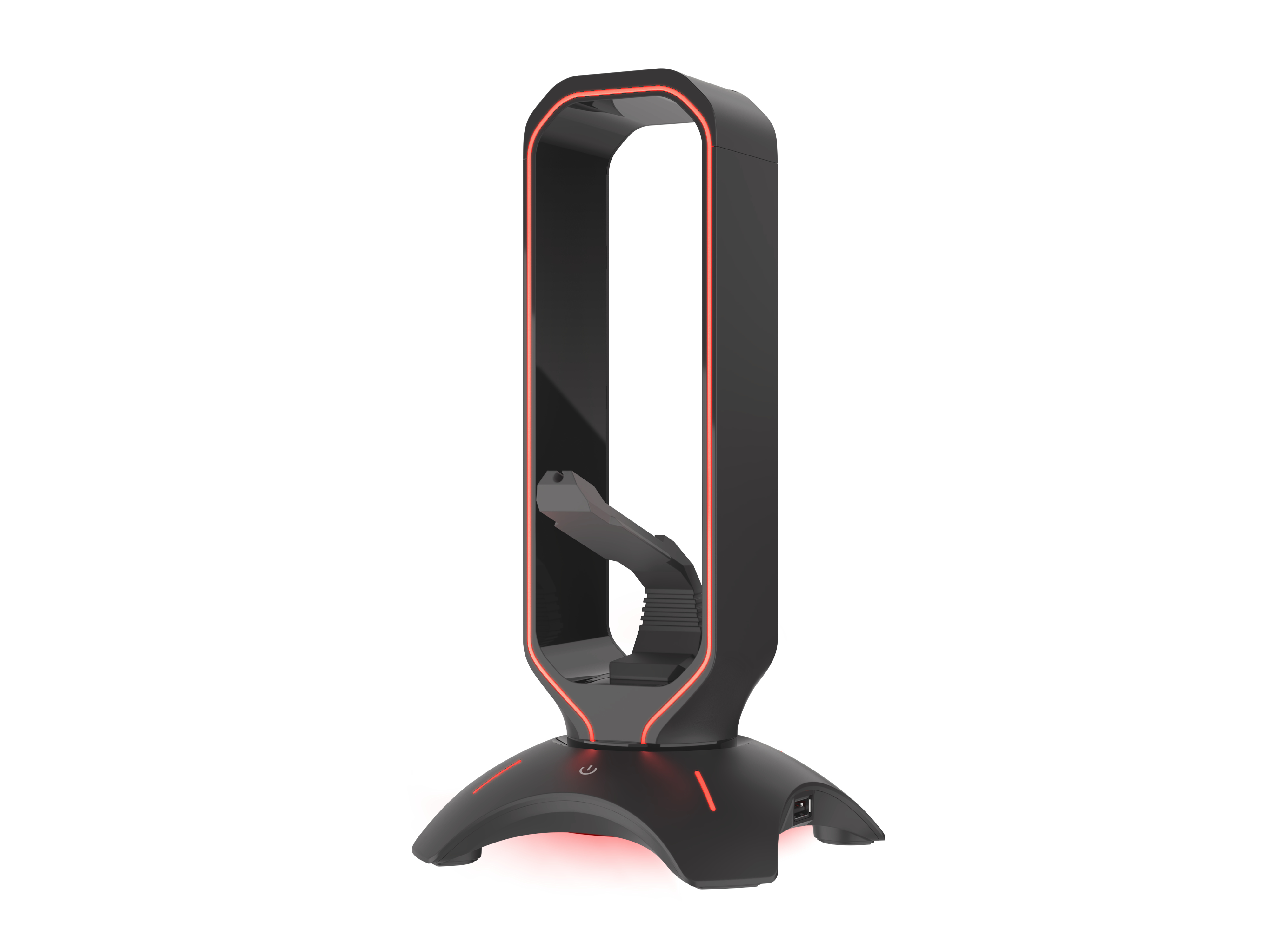 Un supporto per cuffie nero con luce rossa. Ha un design curvo con base e supporto verticale.