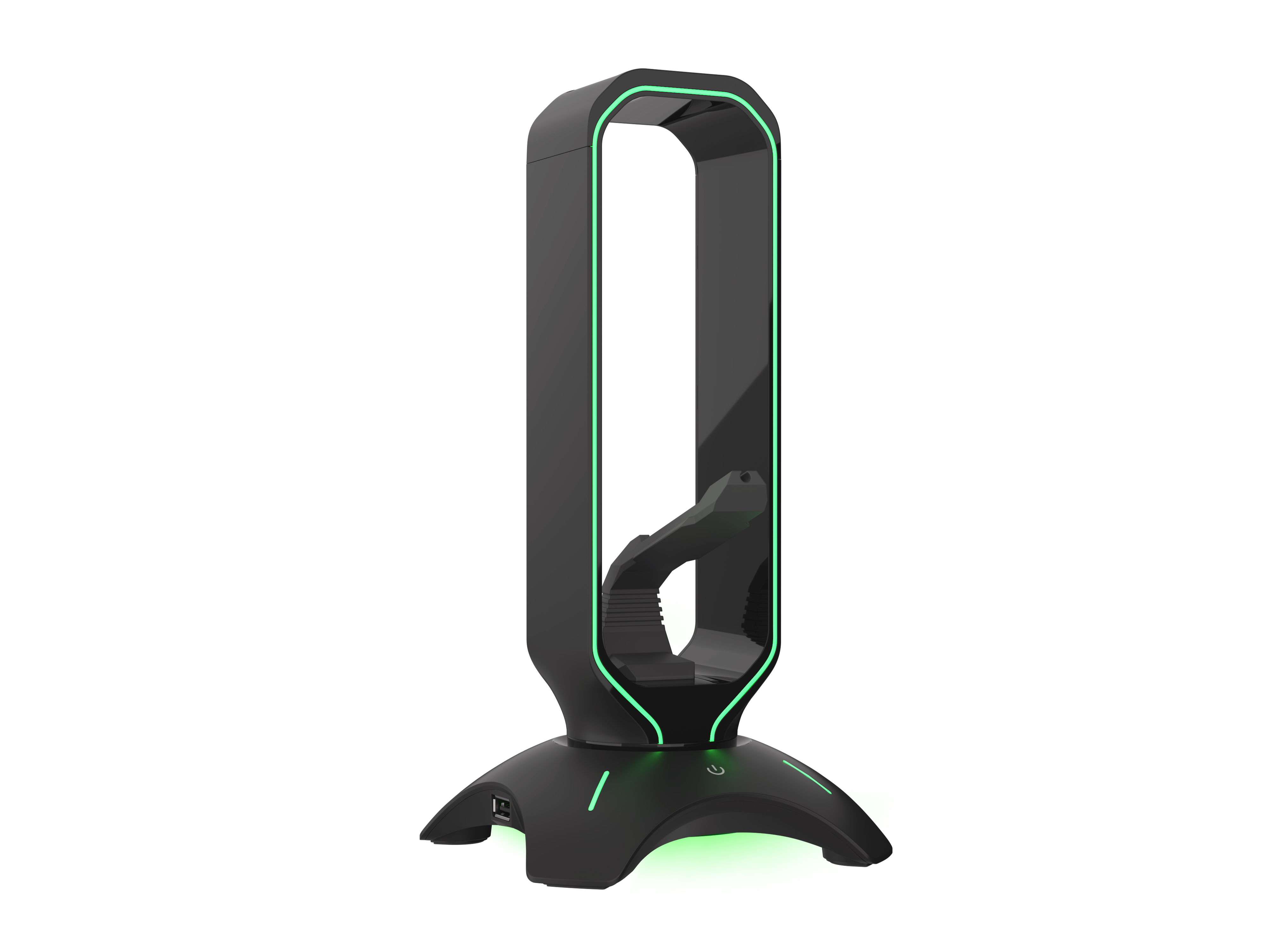 Supporto per cuffie nero con accenti e illuminazione verdi. Design curvo con base e porta USB.