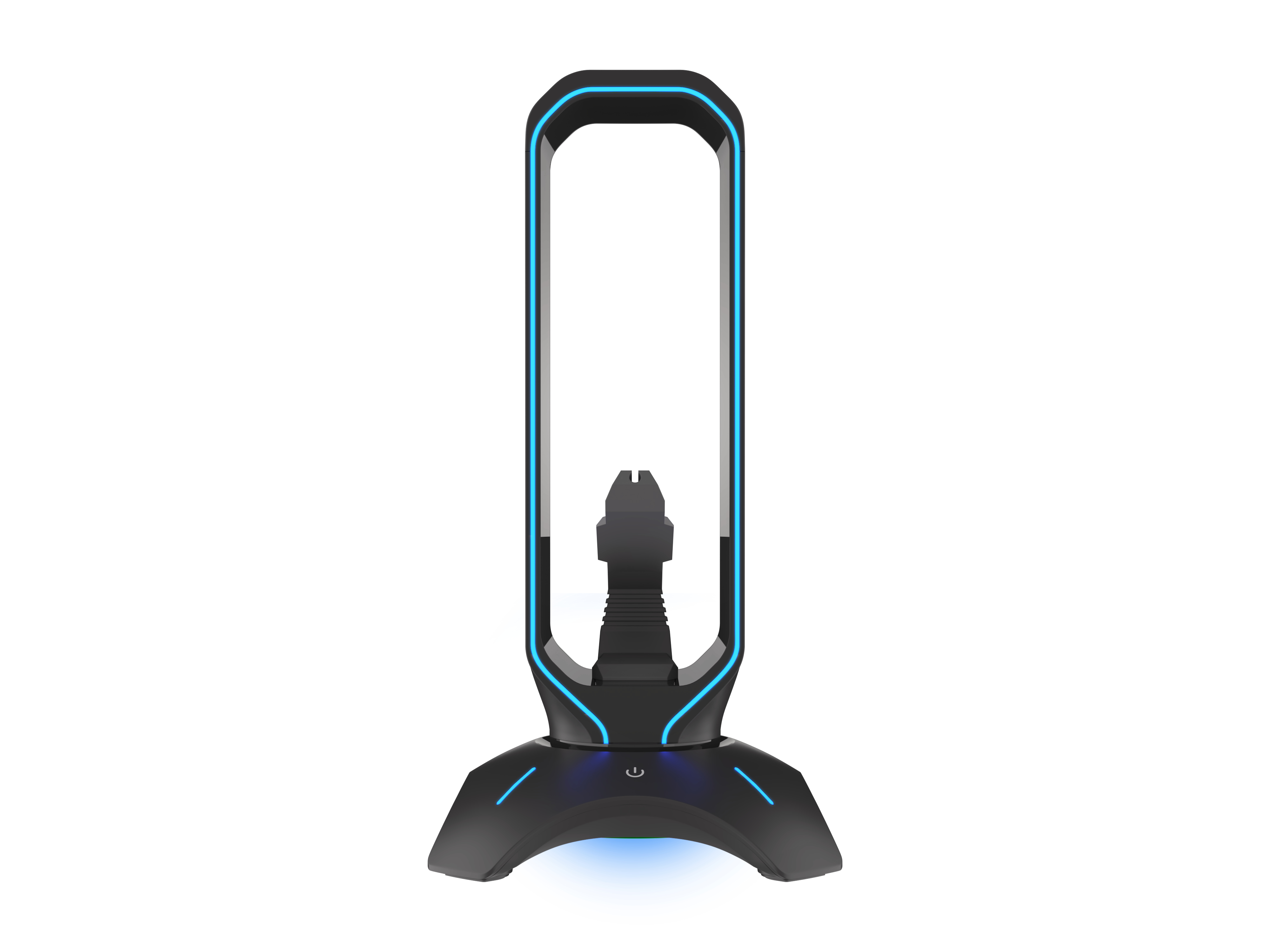 Un dispositivo nero con luci blu. Ha un telaio alto e curvo e una base con un pulsante di accensione. Sfondo bianco.