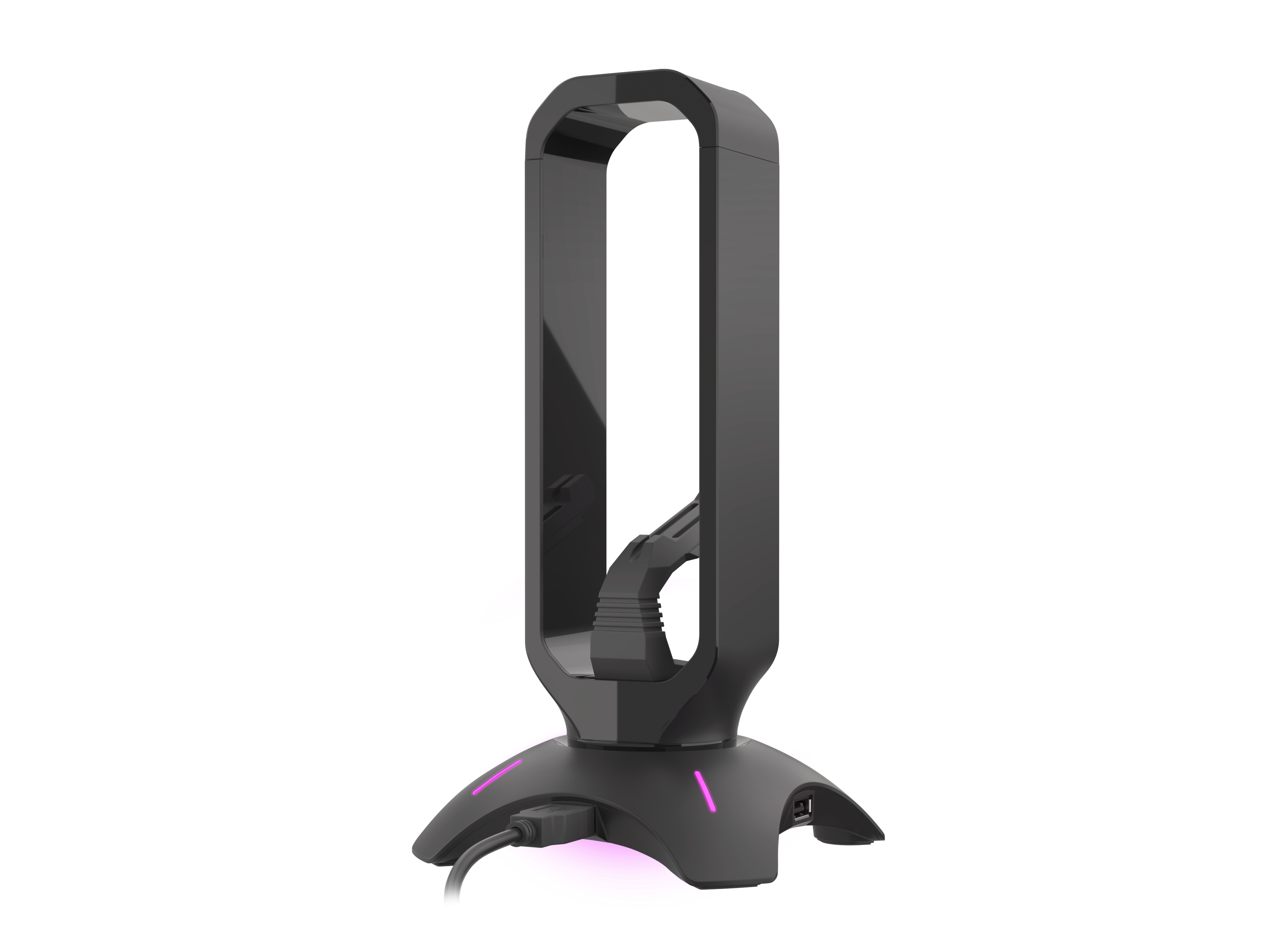 Supporto per computer verticale nero con parte superiore curva. Ha luci rosa alla base e un cavo.