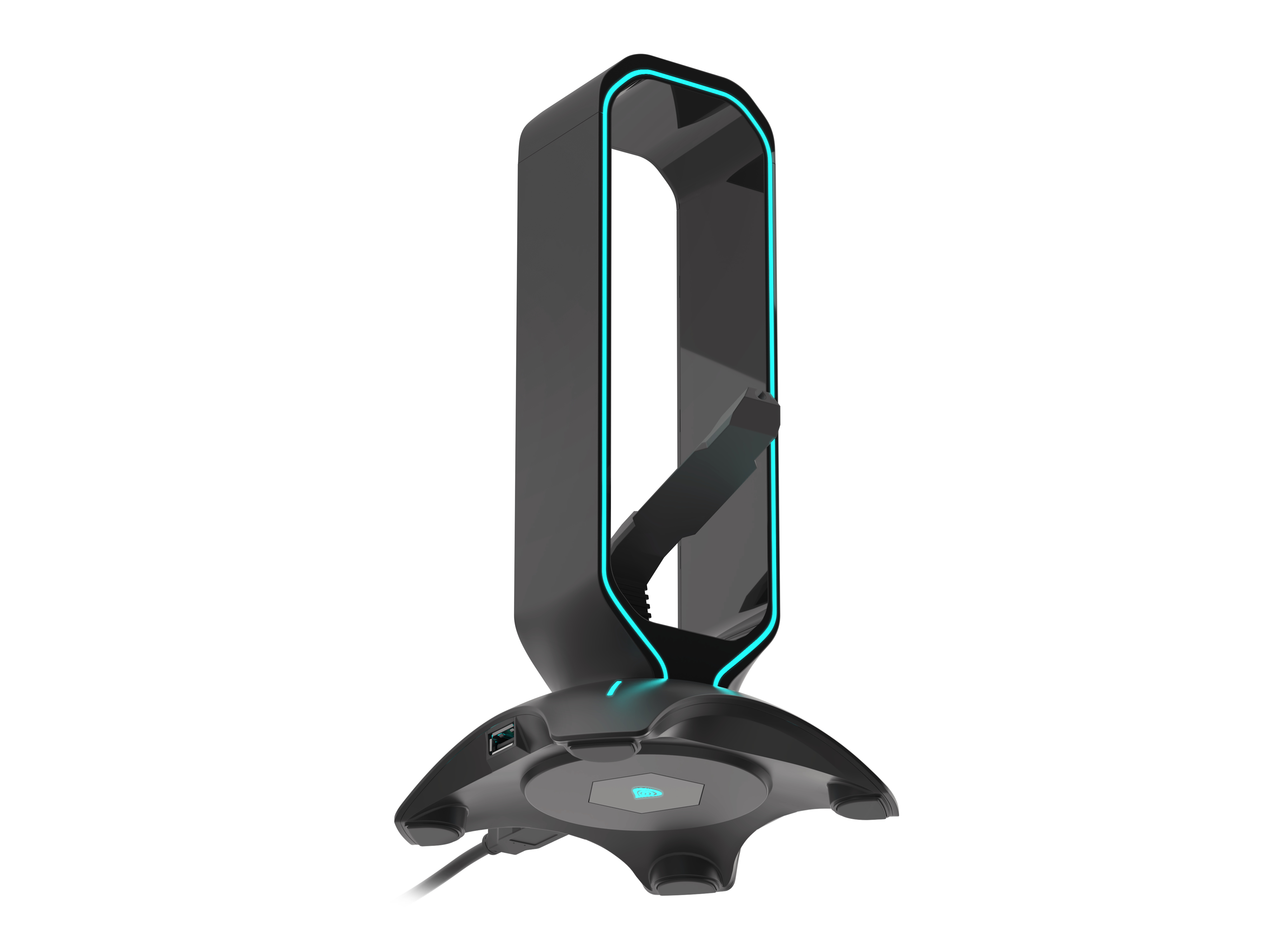 Un supporto per cuffie nero con luce blu. Ha un design curvo e una porta USB. Lo sfondo è bianco.
