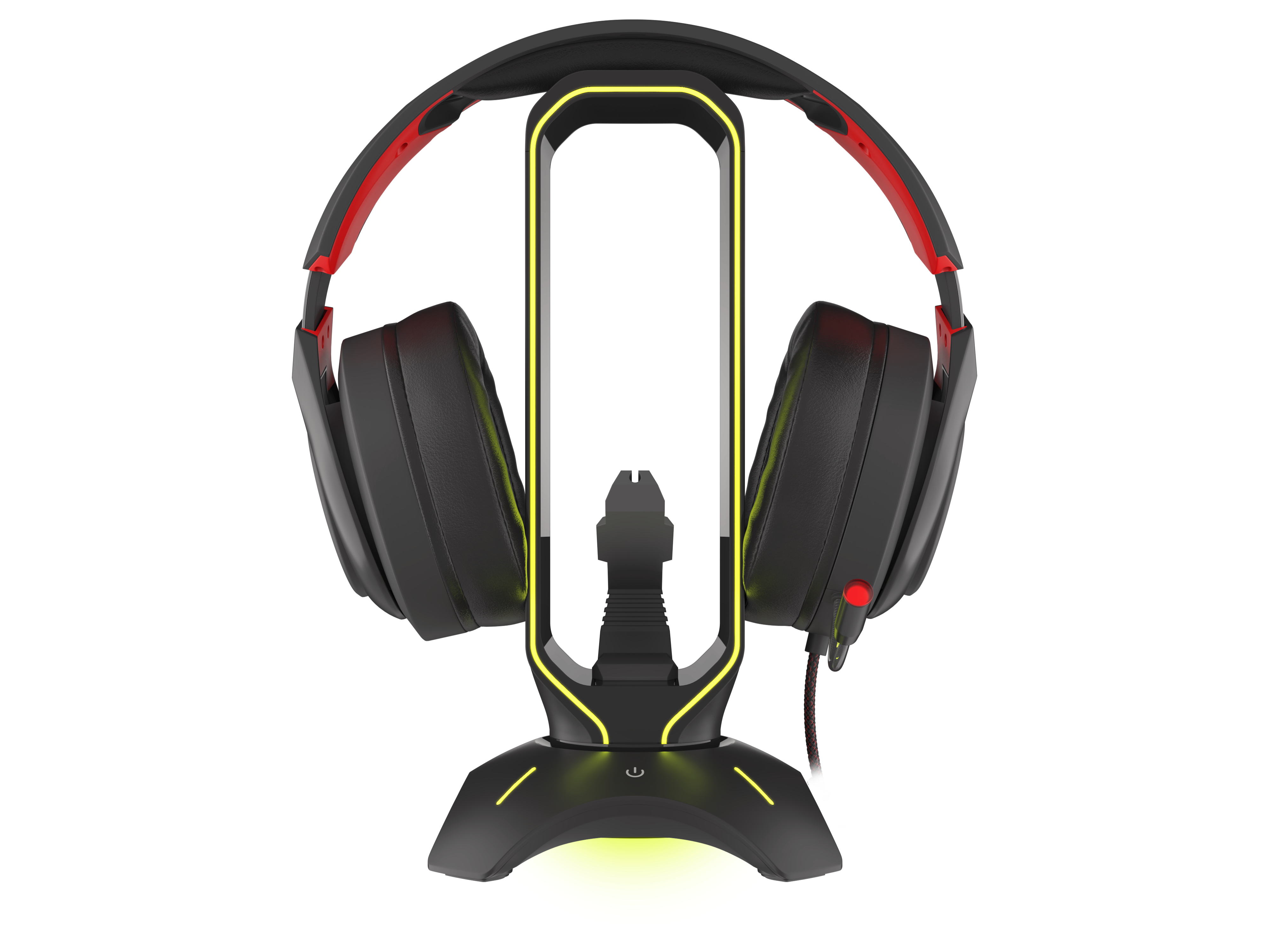 Cuffie da gioco nere su supporto con dettagli giallo neon e particolari rossi, su sfondo bianco.