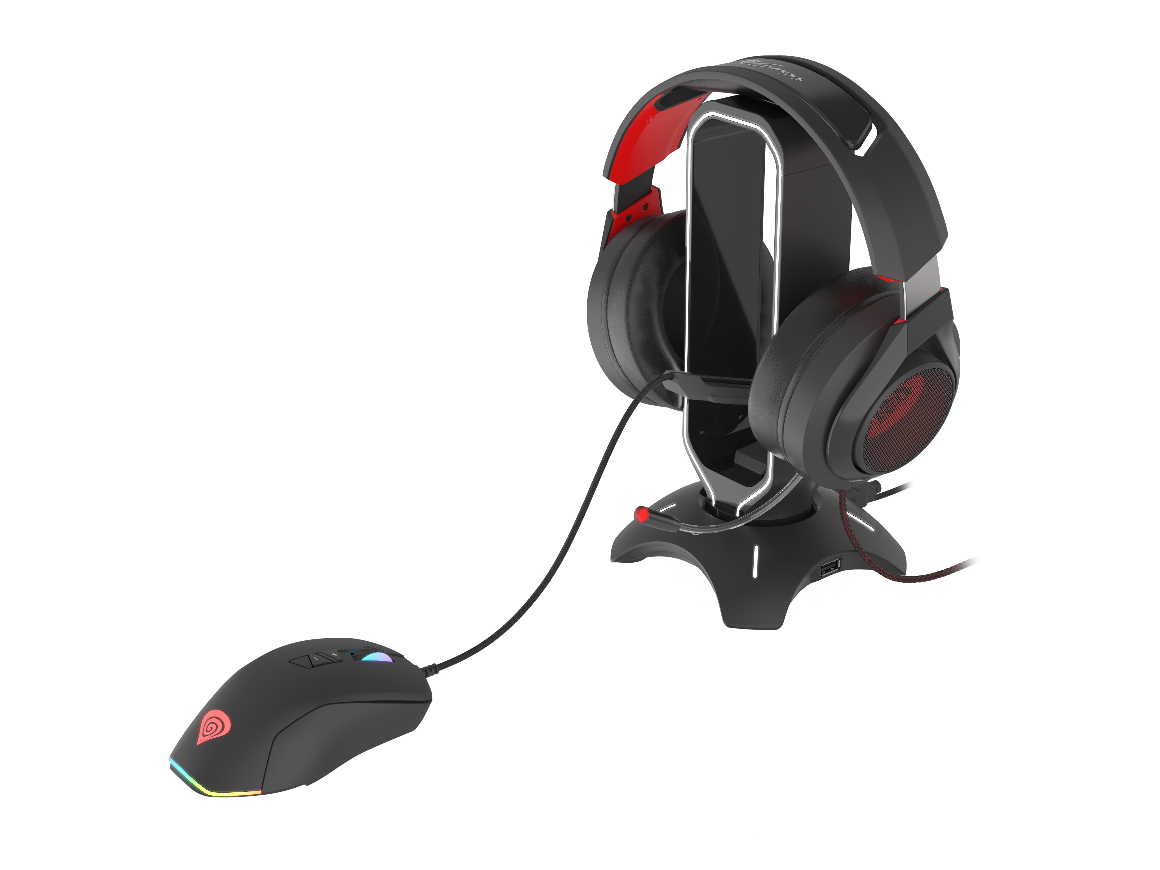 Cuffie da gioco nere su supporto con mouse collegato. Dettagli rossi visibili. Il mouse ha luci che cambiano colore.
