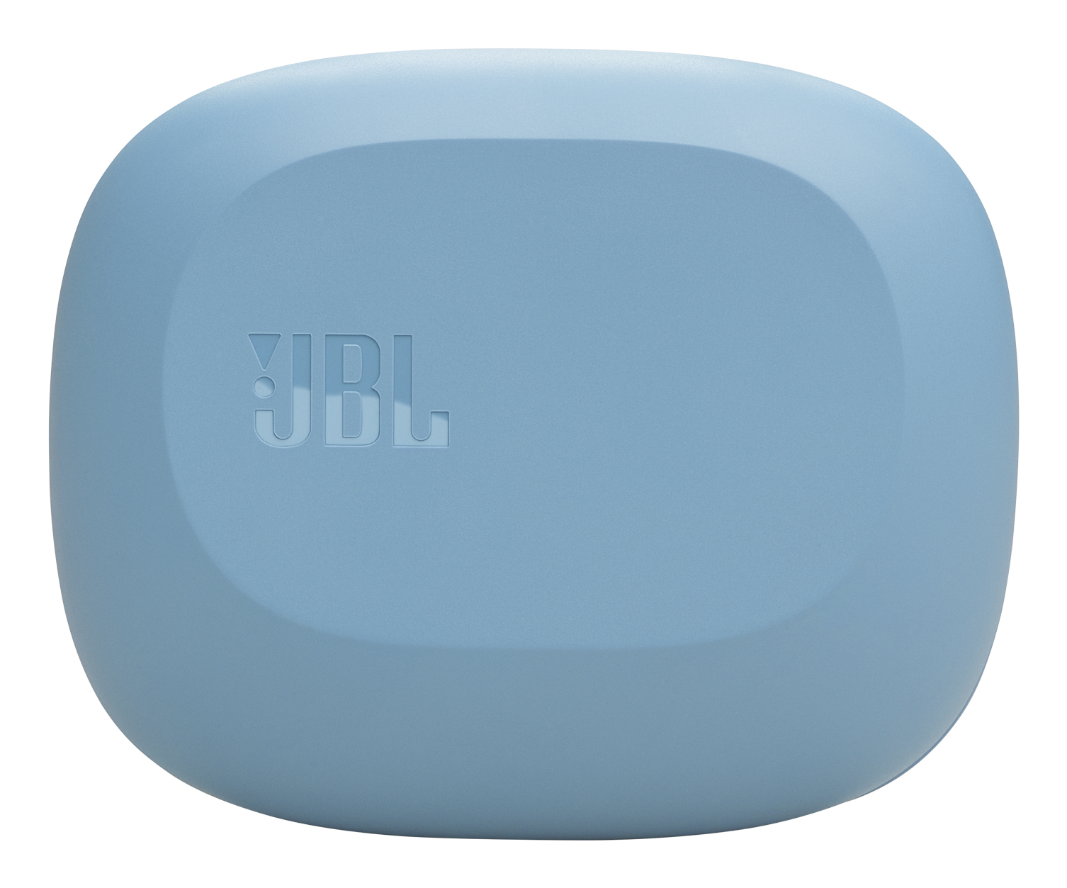 Una custodia JBL rettangolare arrotondata blu chiaro. Il logo JBL è impresso sul davanti. Lo sfondo è bianco.