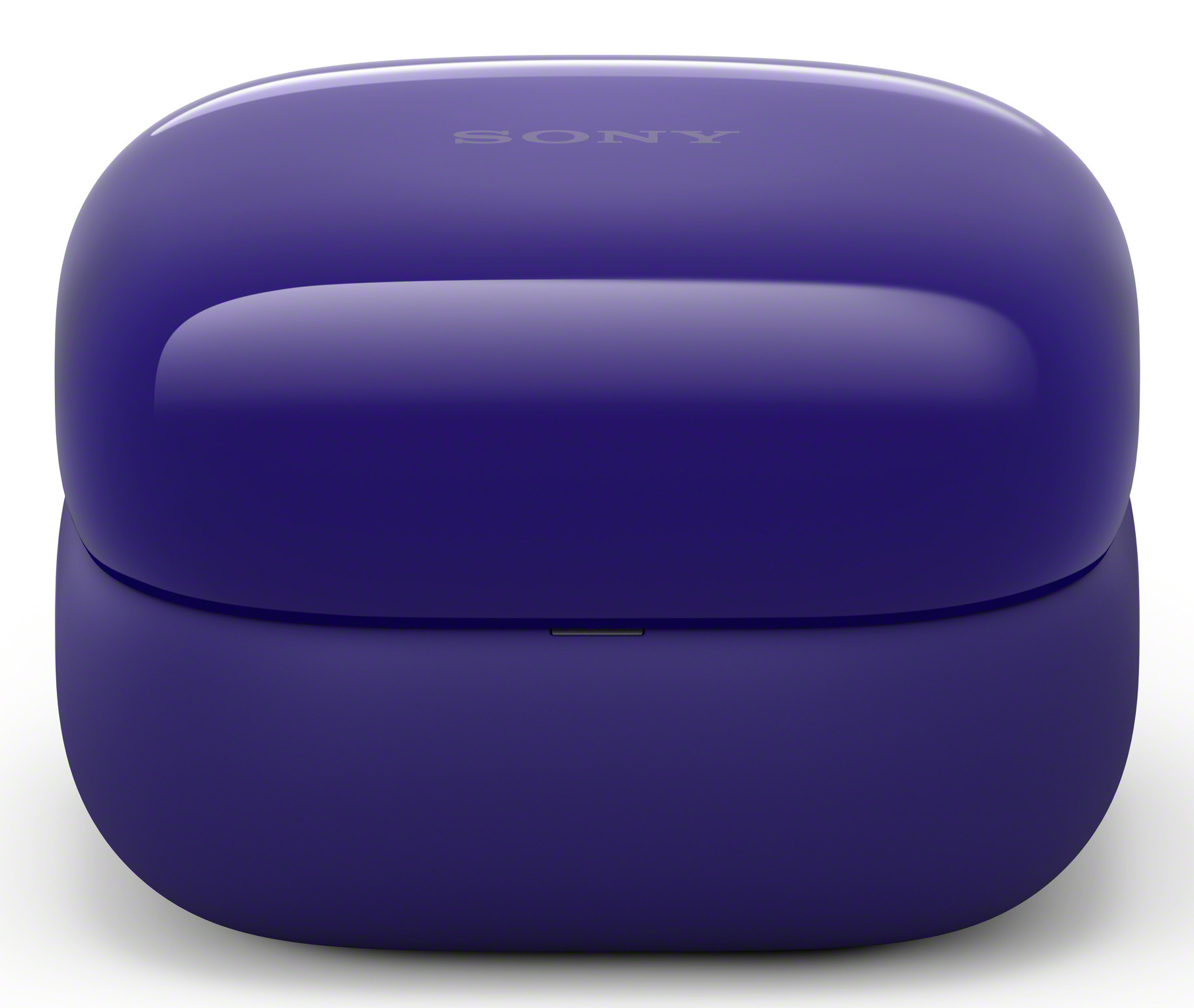 Ein geschlossenes, glänzendes, tiefviolettes Sony-Kopfhörer-Etui. Der Markenname Sony ist dezent auf dem oberen Deckel sichtbar. Das Etui steht auf einer weißen Oberfläche.