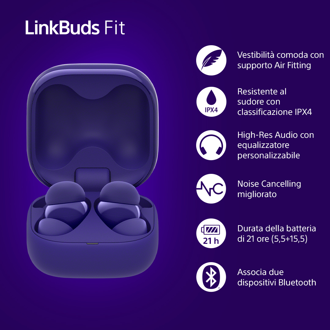 Lila LinkBuds Fit-Ohrhörer in einem Etui, mit Symbolen für Funktionen: bequemer Sitz, Schweißresistenz, High-Res-Audio, Geräuschunterdrückung, 21 Stunden Akku.