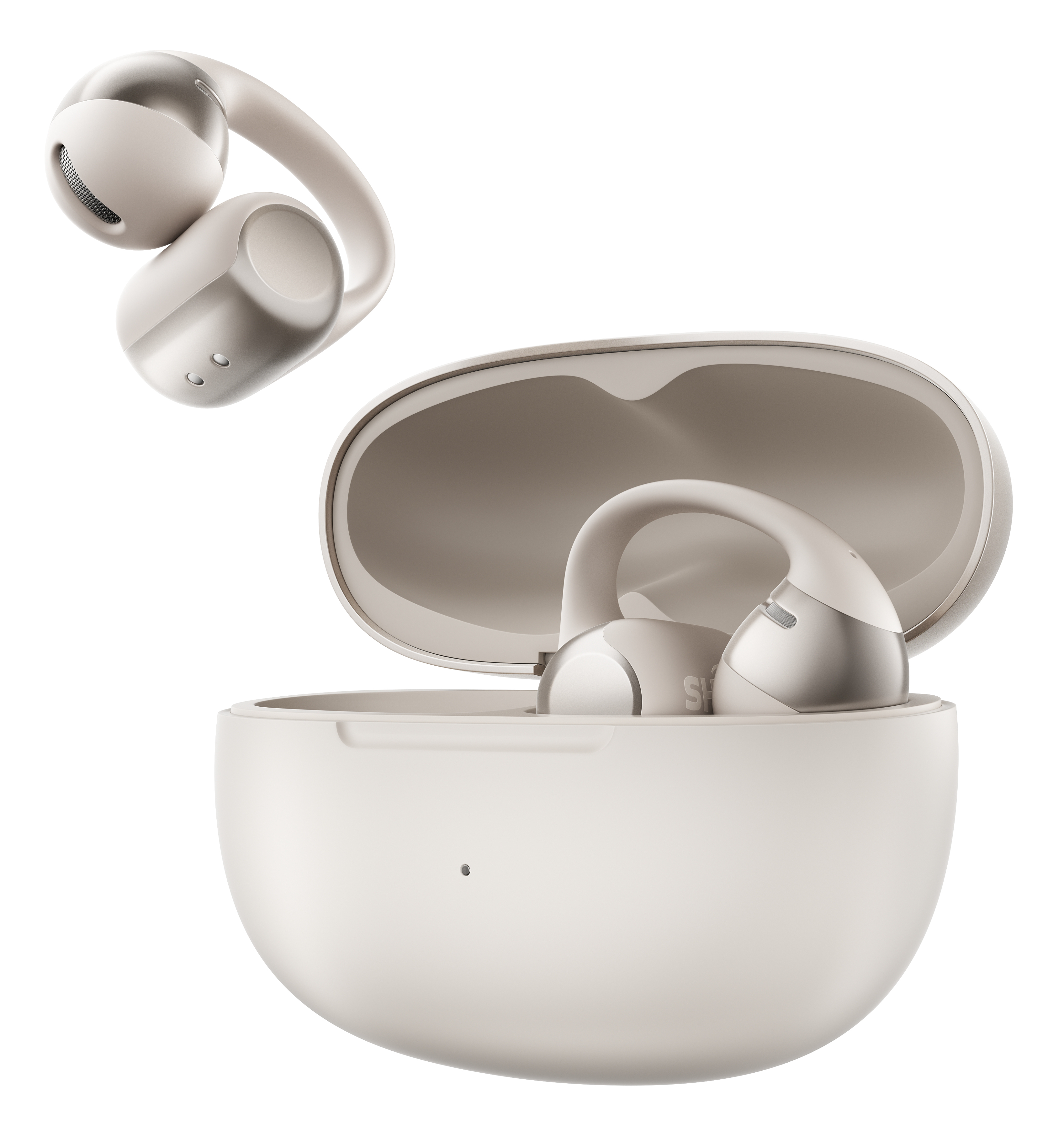 Słuchawki douszne w etui ładującym. Słuchawki są białe i srebrne. Etui jest otwarte, pokazując jedną słuchawkę w środku, jedną na zewnątrz.