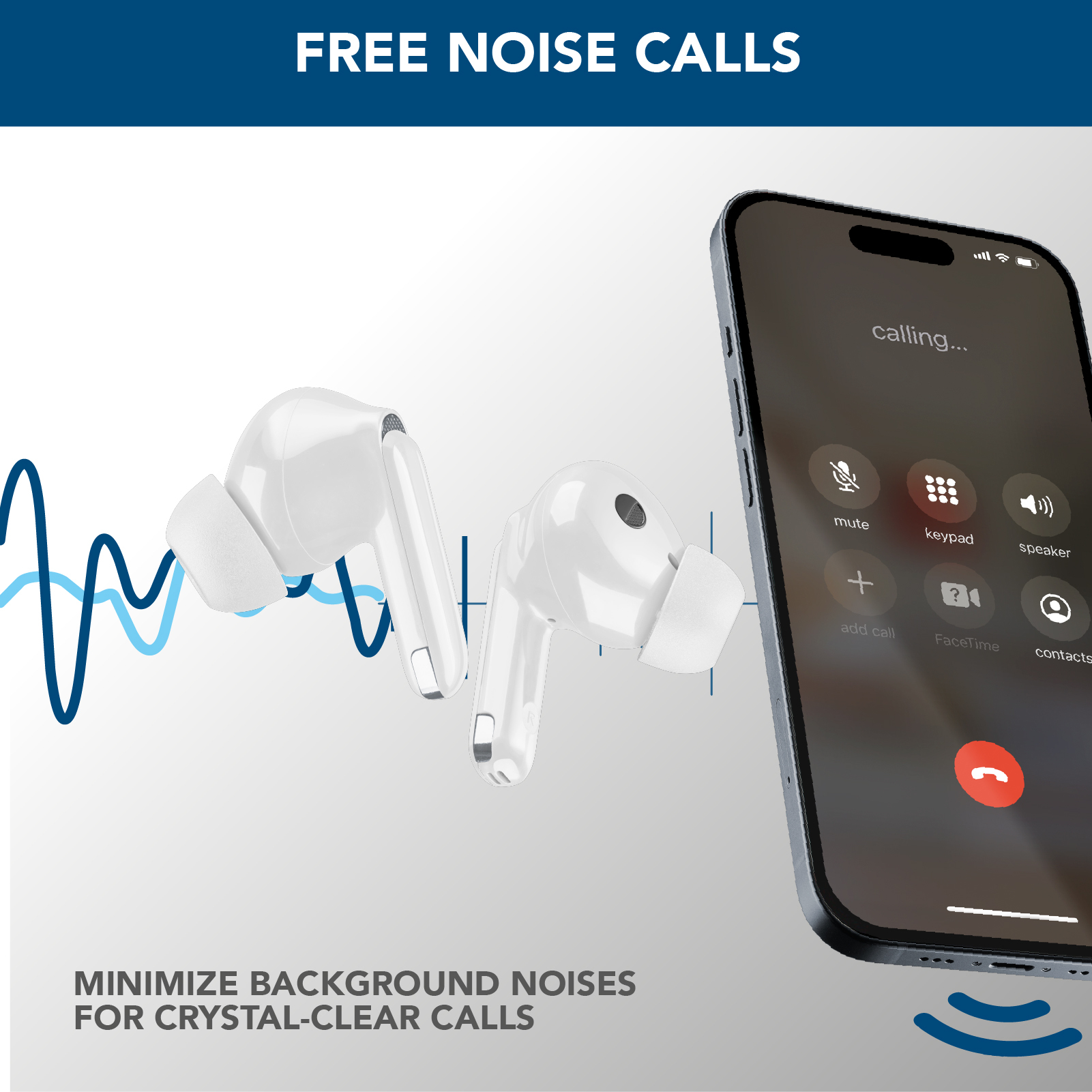 Auricolari bianchi e smartphone che mostrano una schermata di chiamata. Il testo dice 'FREE NOISE CALLS' e 'MINIMIZE BACKGROUND NOISES'.