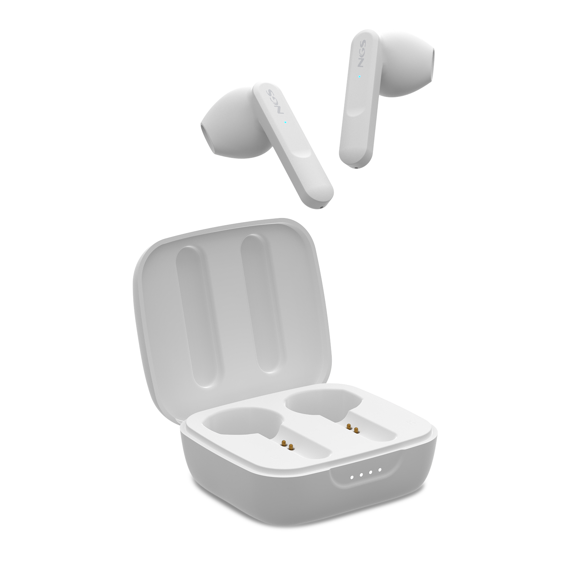 Auriculares NGS blancos y estuche de carga. Dos auriculares flotan sobre el estuche abierto. El estuche tiene cuatro luces de carga.