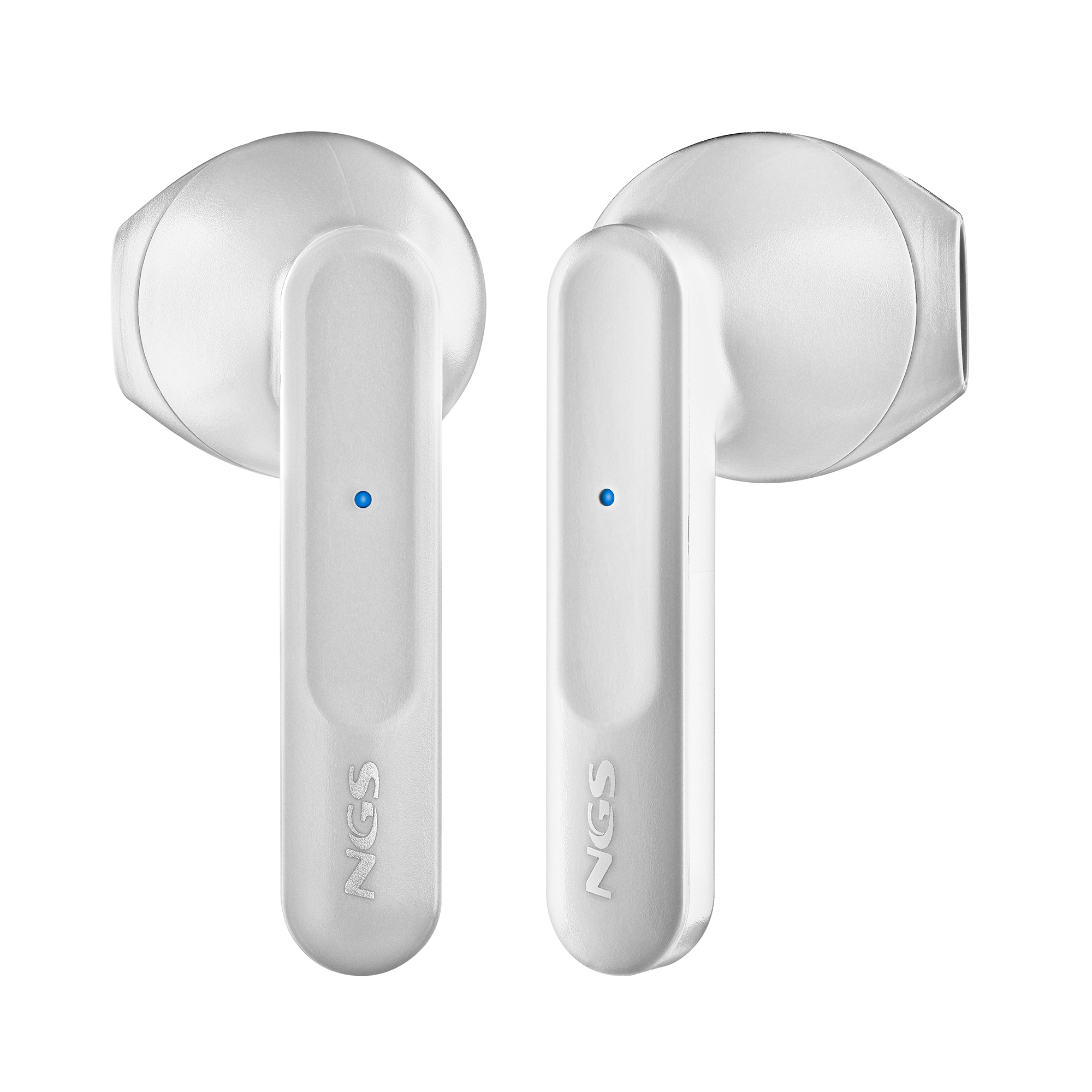Dos auriculares NGS blancos, cada uno con una luz azul, sobre fondo blanco. Los auriculares están diseñados para música.