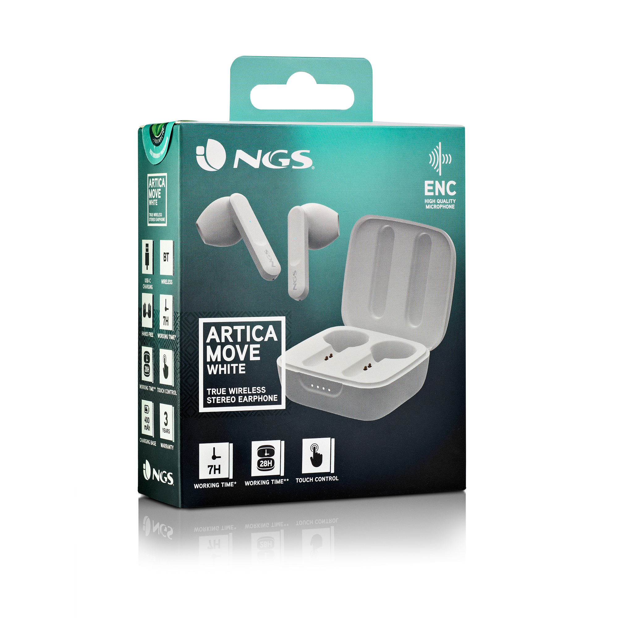 Caja de auriculares NGS Artica Move White. Incluye estuche de carga, auriculares e información del producto. Diseño en blanco y verde azulado.