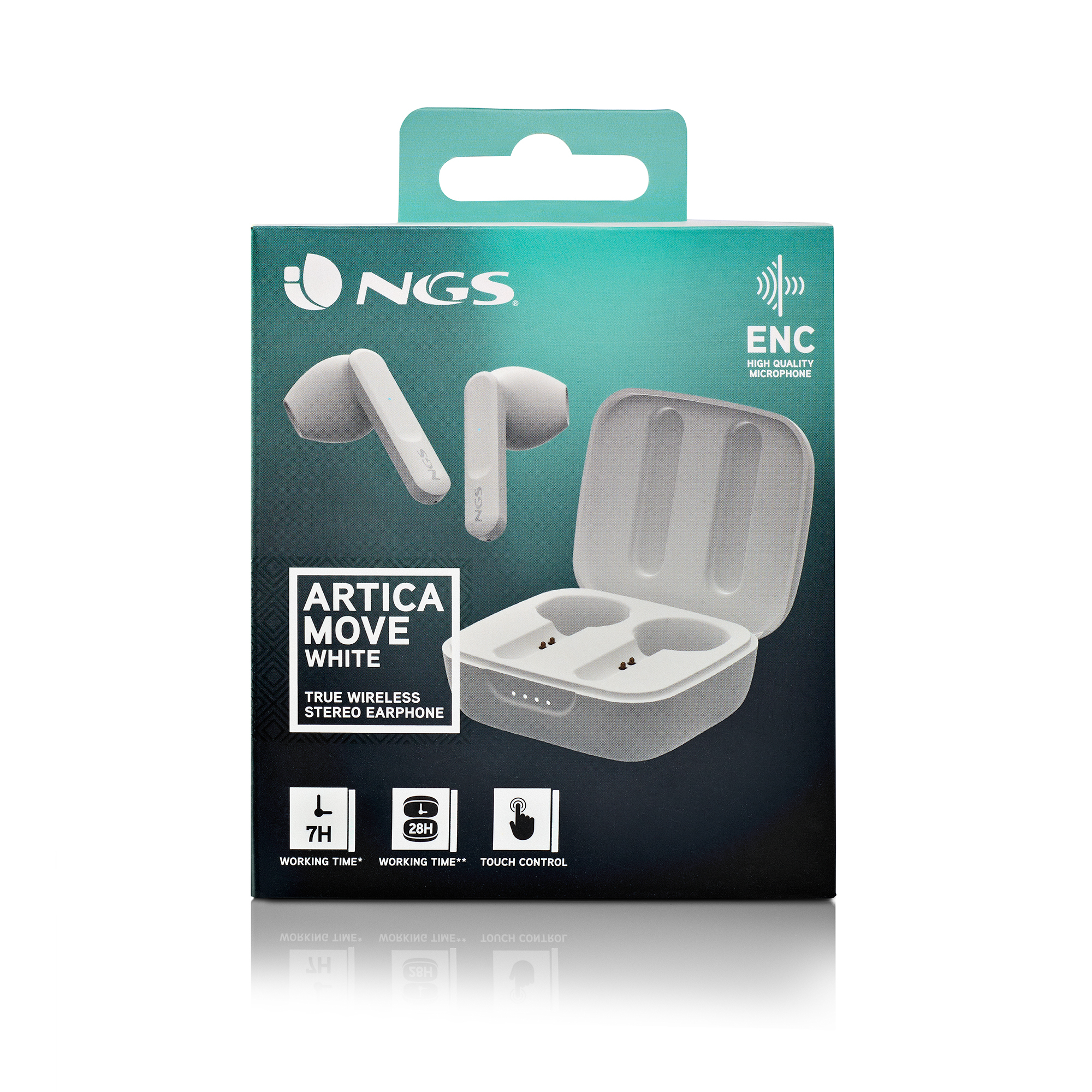 Una caja blanca con auriculares y estuche de carga. Dice ARTICA MOVE WHITE. Las características incluyen control táctil y micrófono ENC.
