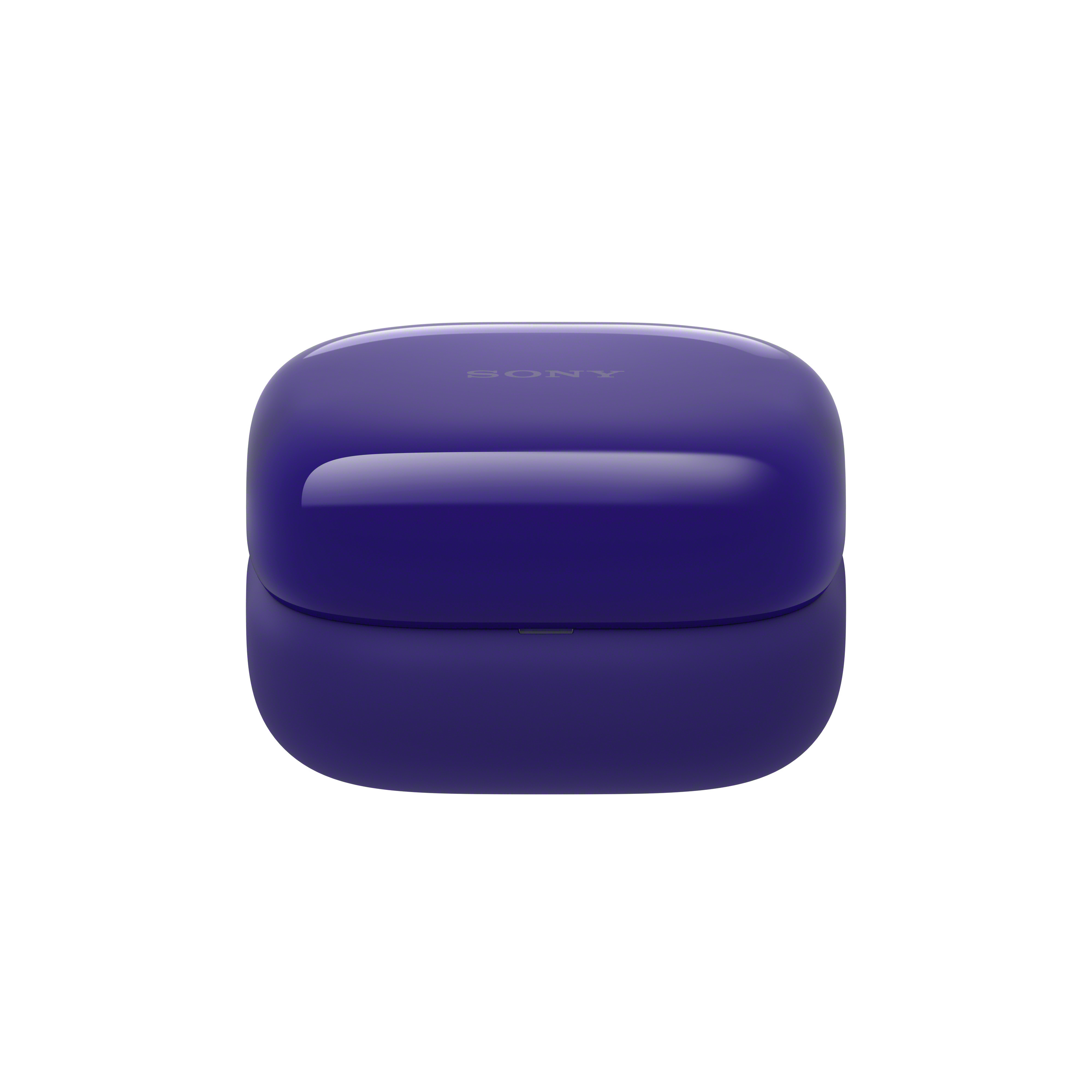 Un estuche cerrado, brillante, morado oscuro para auriculares, con 'SONY' en la parte superior, sobre fondo blanco.