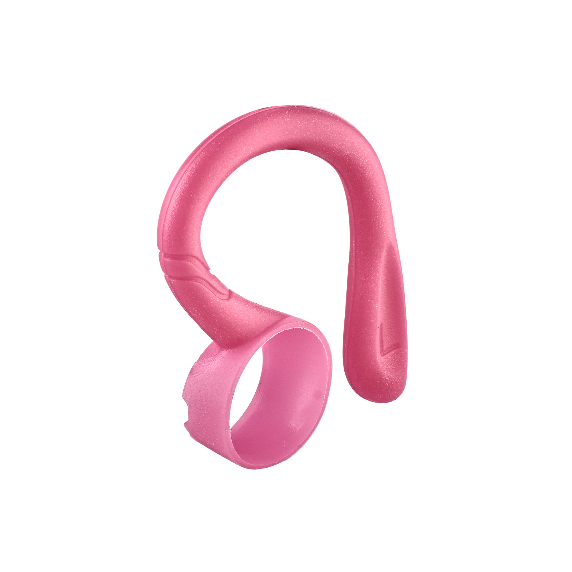 Różowy klips do nosa do pływania, zakrzywiony kształt z pierścieniem na dole i mostkiem.