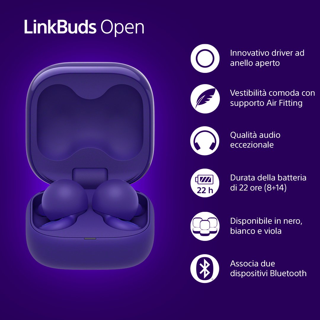 Auriculares morados LinkBuds Open en un estuche abierto. Características: controlador de anillo abierto, Air Fitting, audio excepcional, batería de 22 horas, colores, Bluetooth.